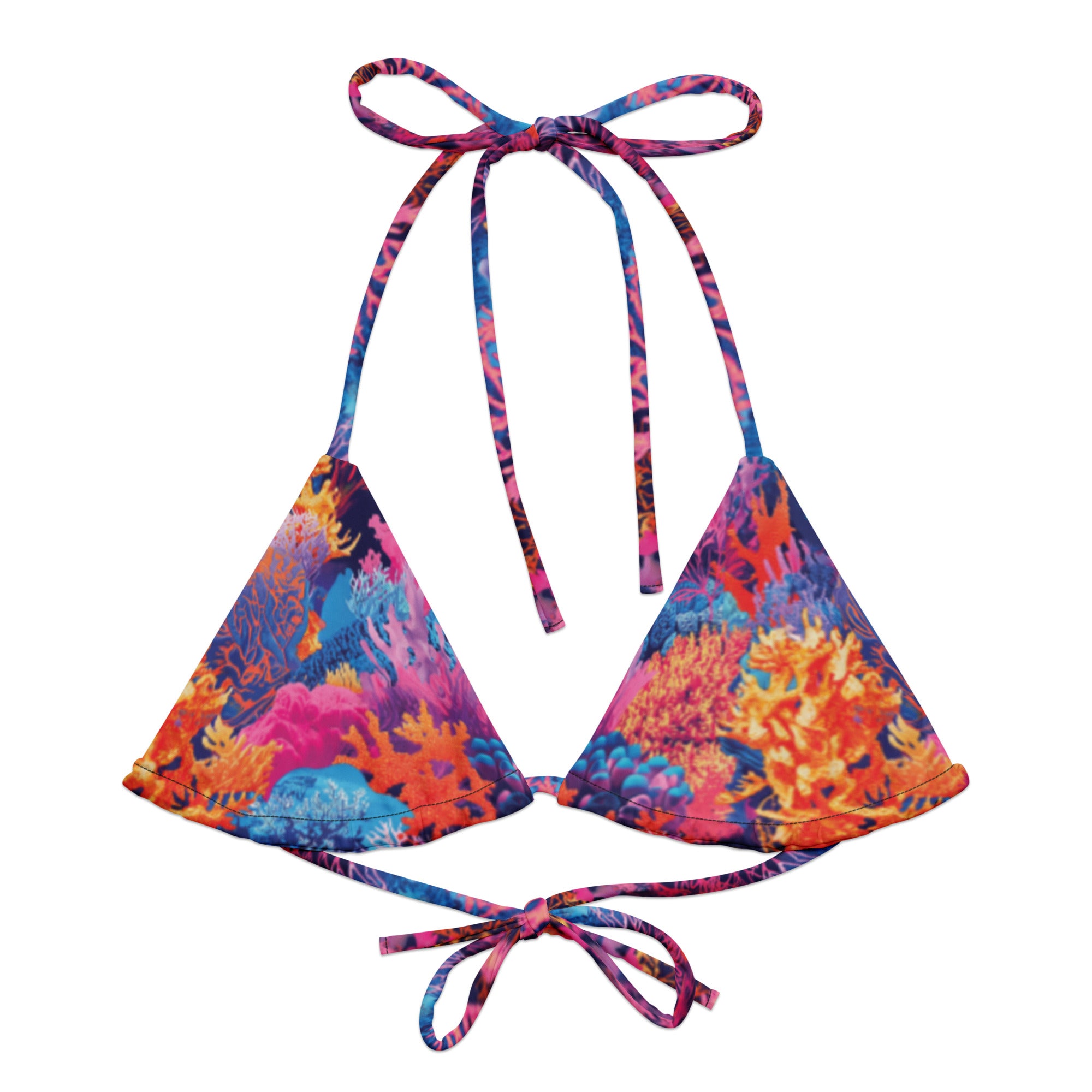 Fire Corals String Bikini Top – front view – recycled string bikini for divers, snorkelers, and tropical beach days
