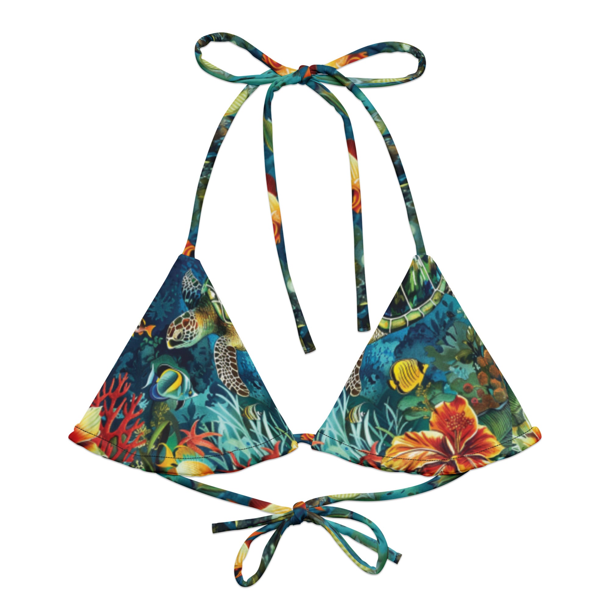 Maldives String Bikini Top – front view – recycled string bikini for divers, snorkelers, and tropical beach days