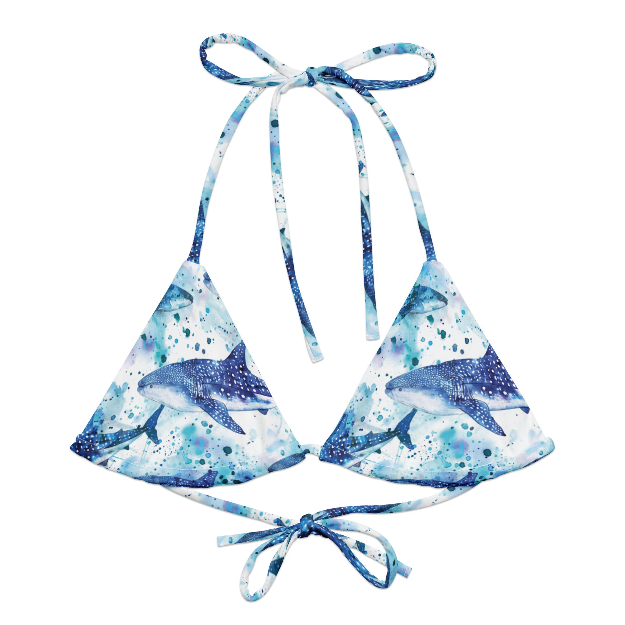 Whimsical Whale Shark String Bikini Top – front view – recycled string bikini for divers, snorkelers, and tropical beach days