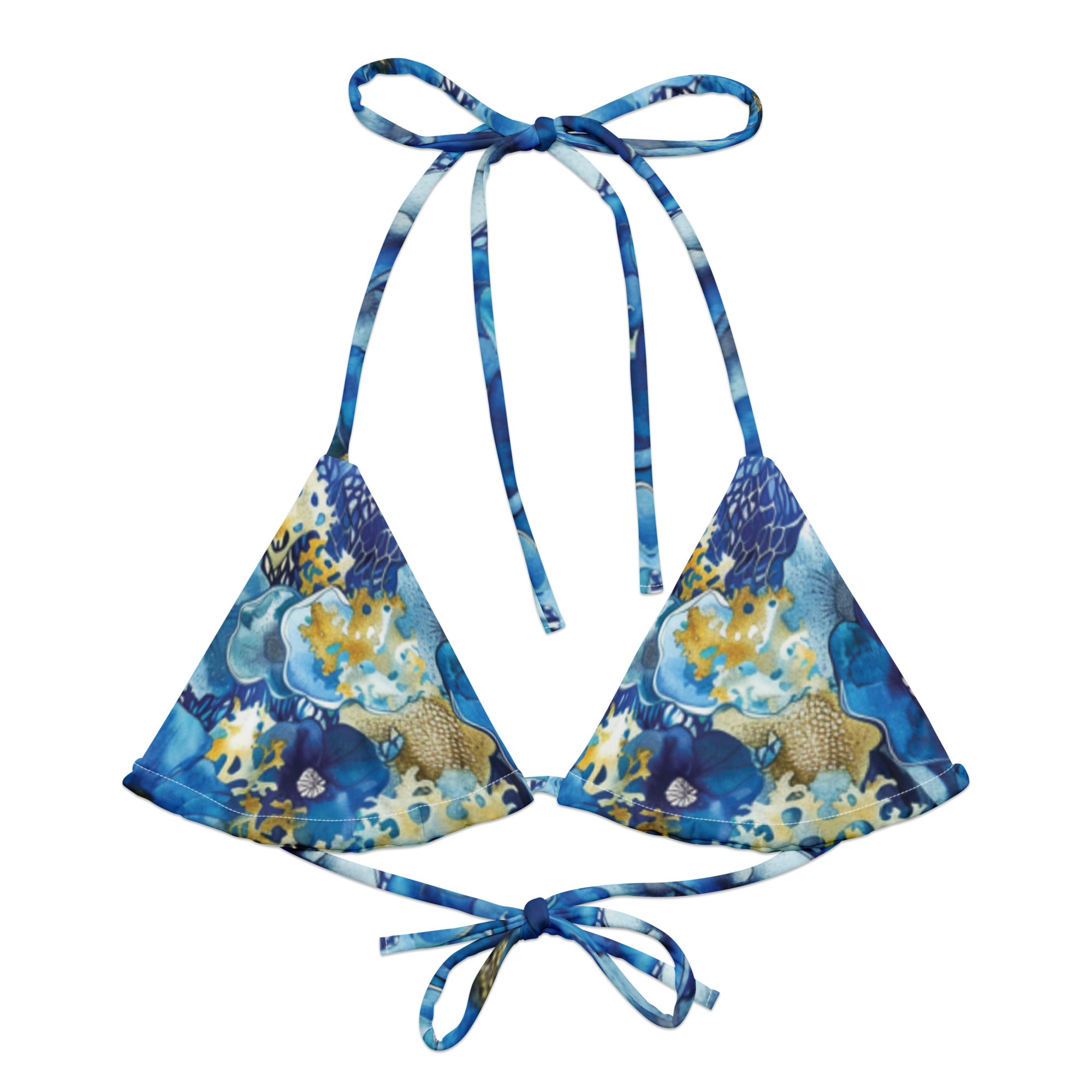 Coral Blossoms String Bikini Top – front view – recycled string bikini for divers, snorkelers, and tropical beach days