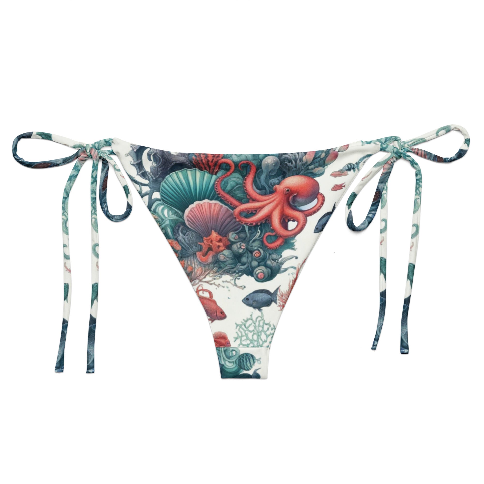 Octopus Reef String Bikini Bottom – back view – ocean swimwear with adjustable string ties and recycled polyester fabric