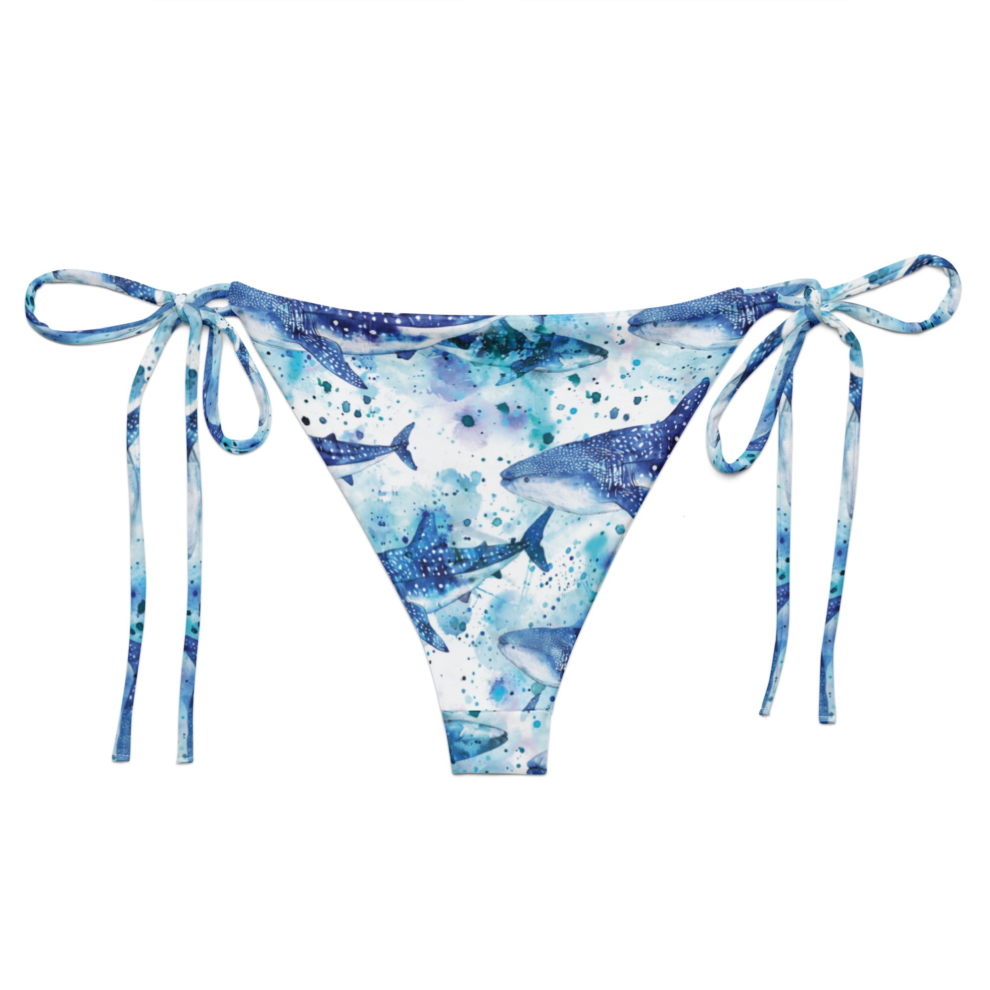 Whimsical Whale Shark String Bikini Bottom – back view – ocean swimwear with adjustable string ties and recycled polyester fabric