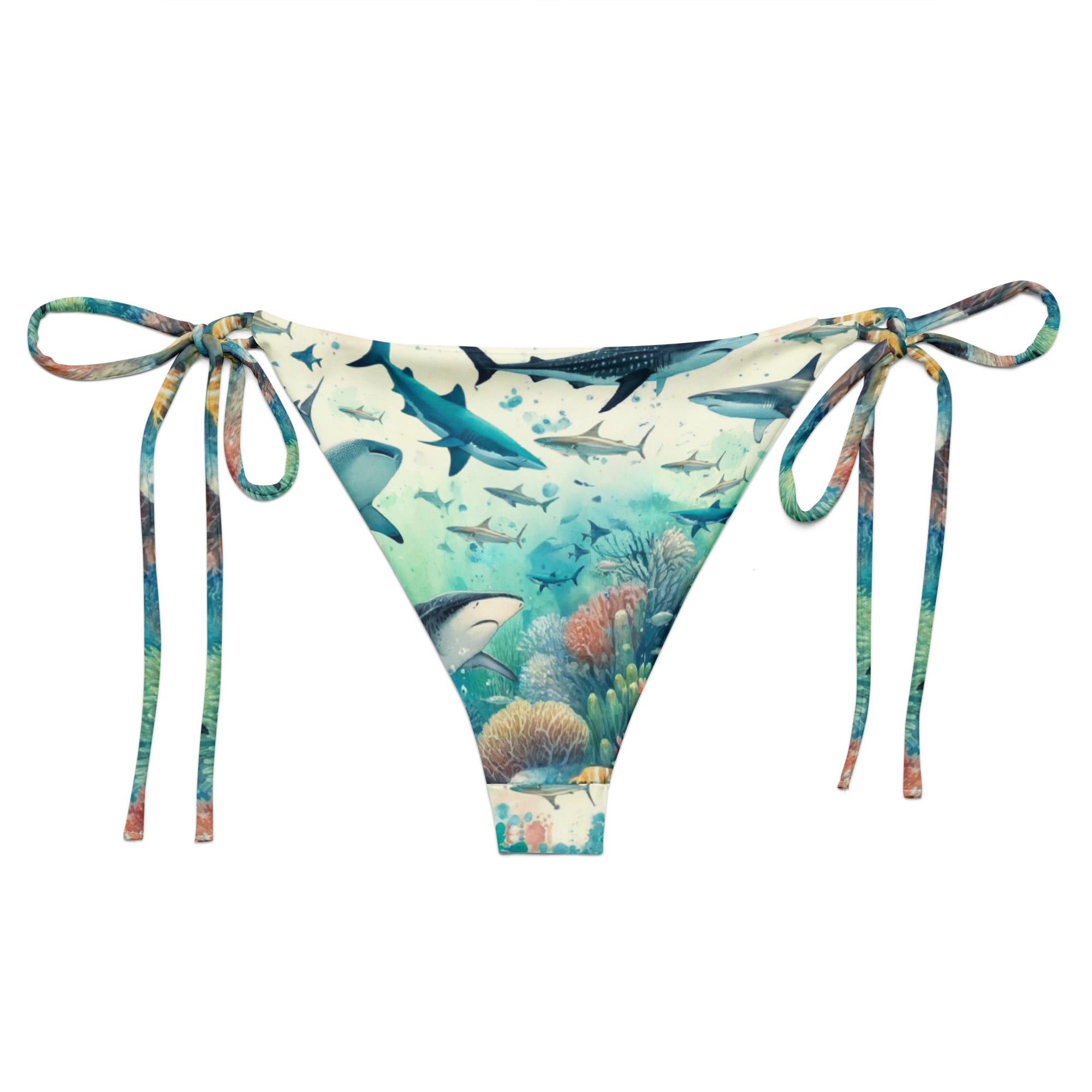 Shark Frenzy String Bikini Bottom – back view – ocean swimwear with adjustable string ties and recycled polyester fabric