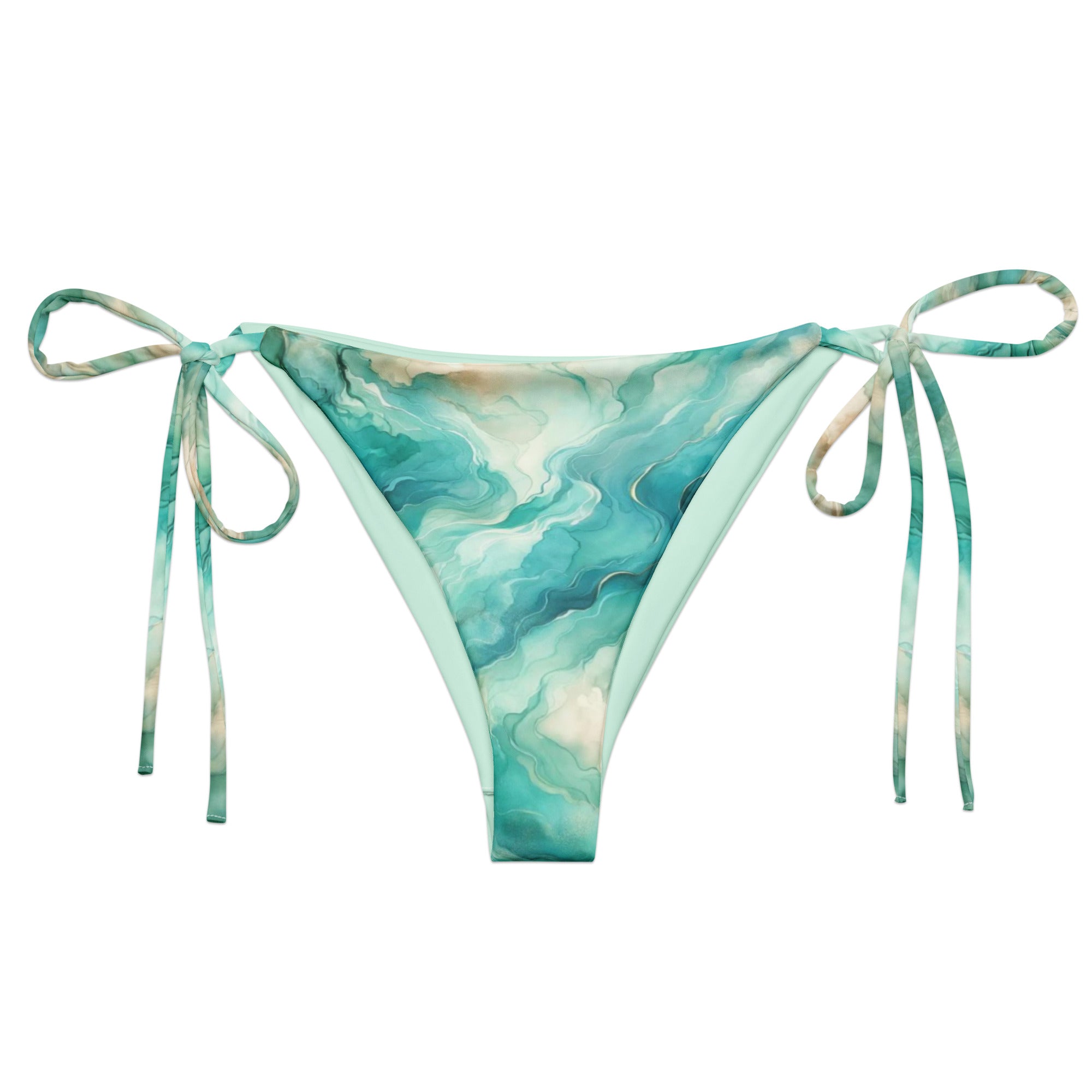 Turquoise Seas String Bikini Bottom – front view – recycled string bikini for divers, snorkelers, and tropical beach days