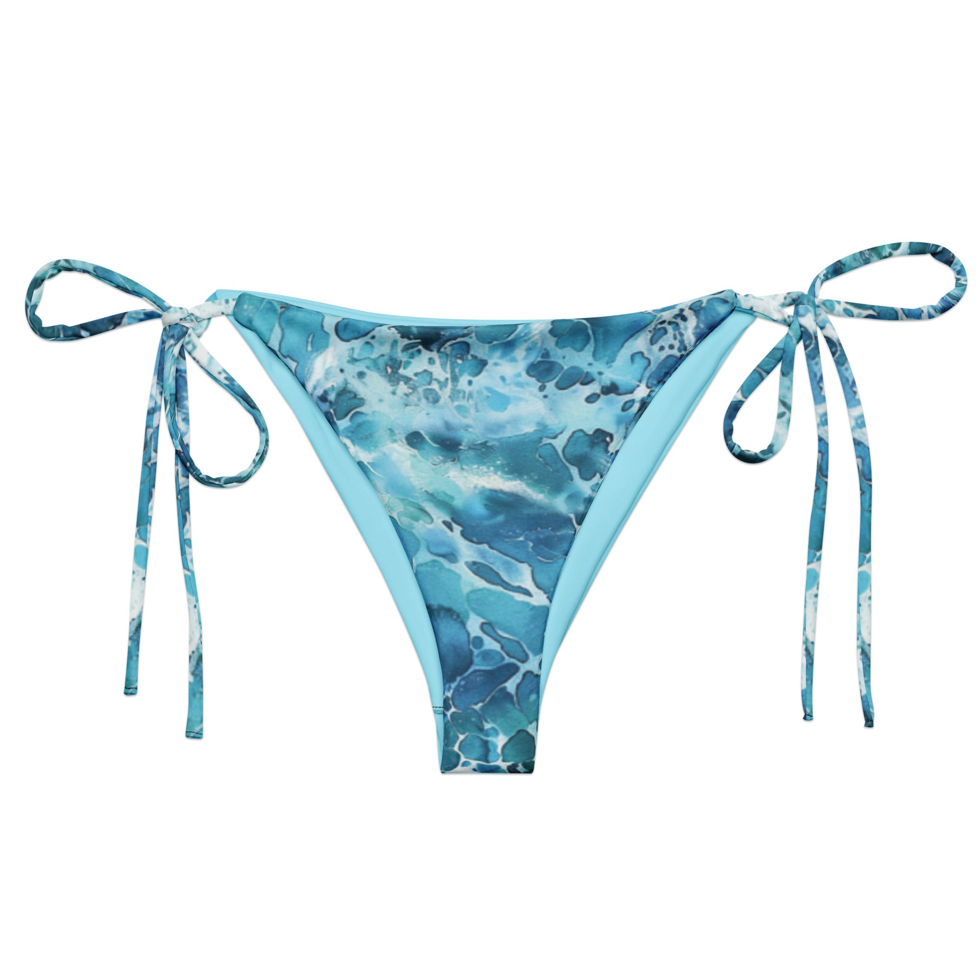 Ocean Serenity String Bikini Bottom – front view – recycled string bikini for divers, snorkelers, and tropical beach days