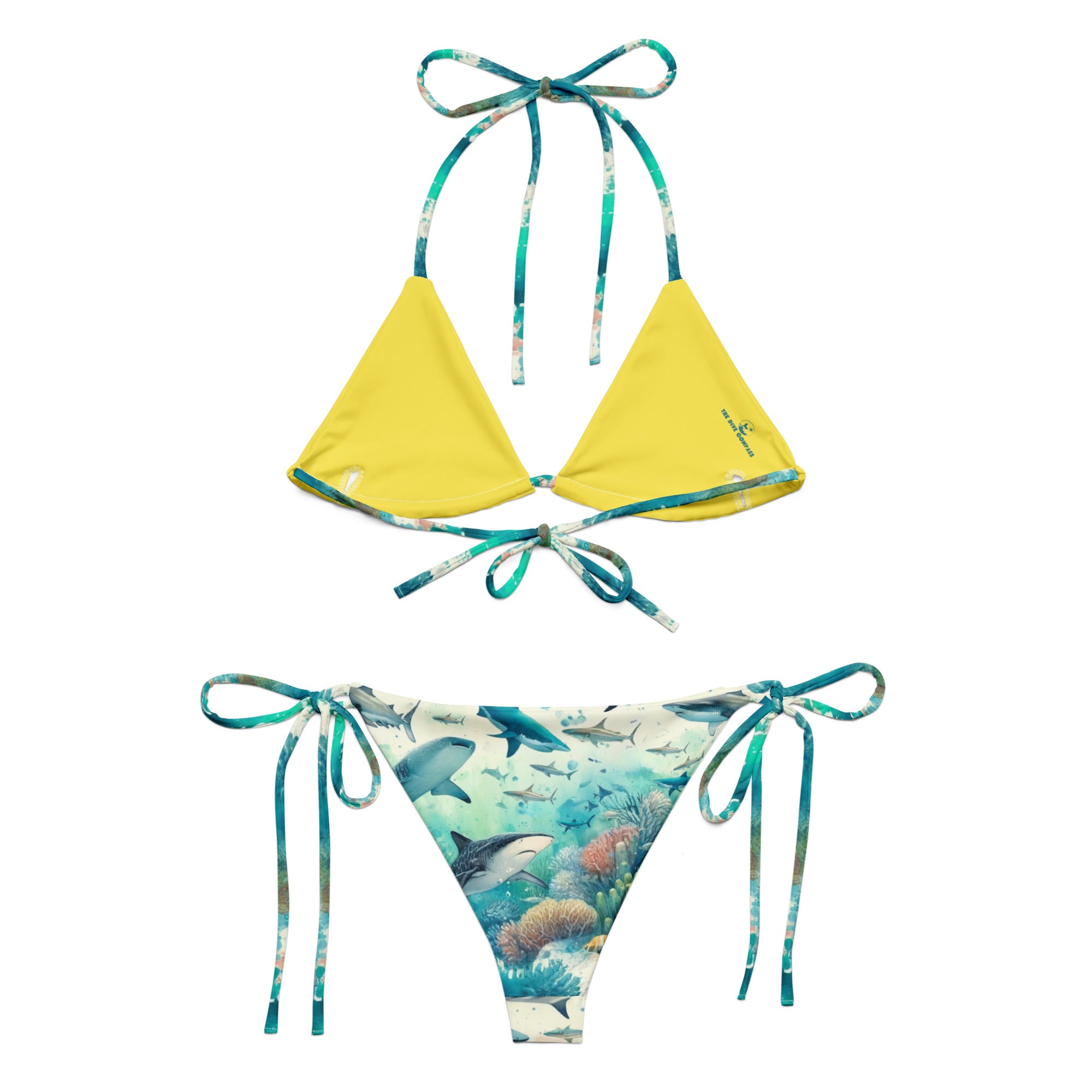 Shark Frenzy String Bikini – back view – ocean swimwear with adjustable string ties and recycled polyester fabric