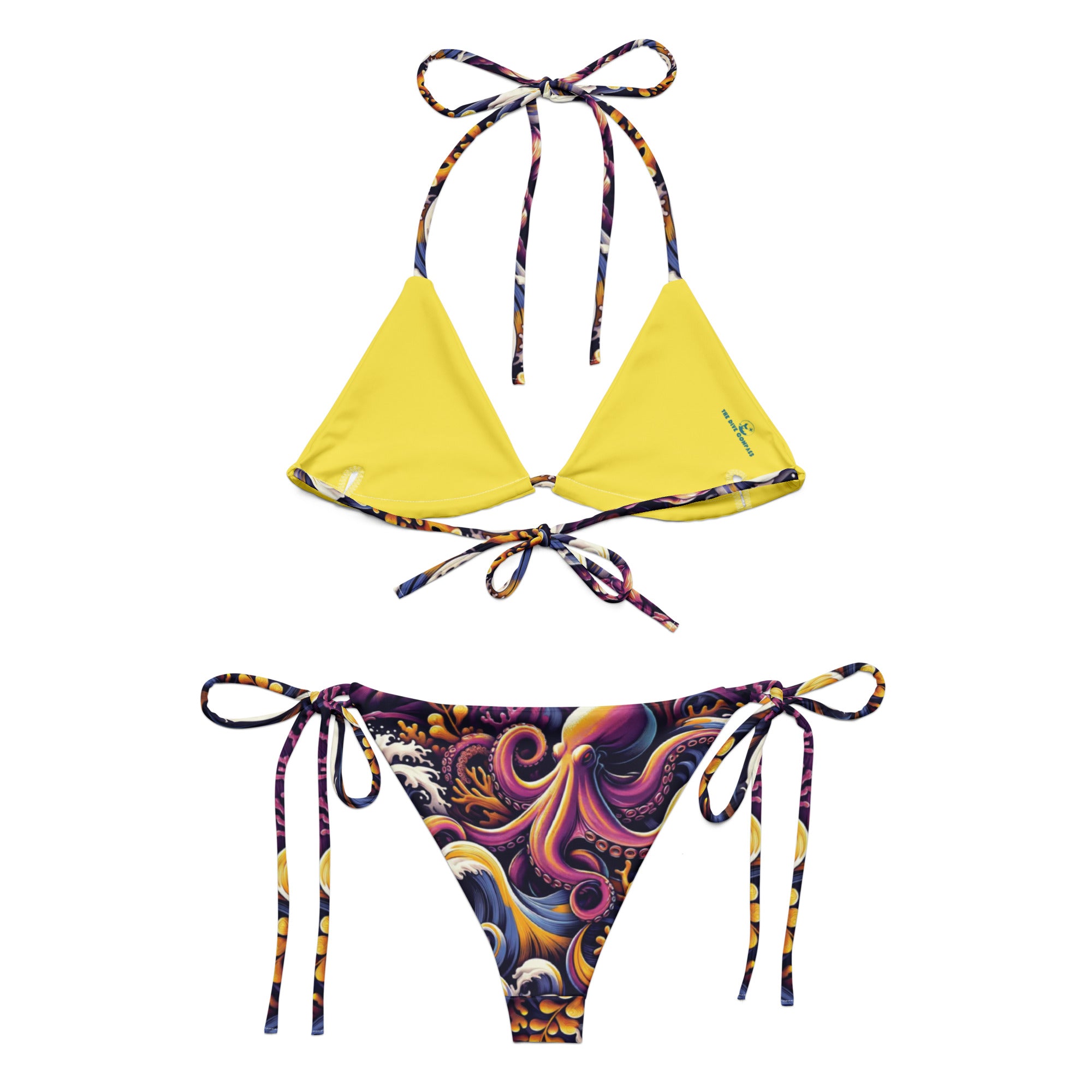 Octopus Ink String Bikini – back view – ocean swimwear with adjustable string ties and recycled polyester fabric