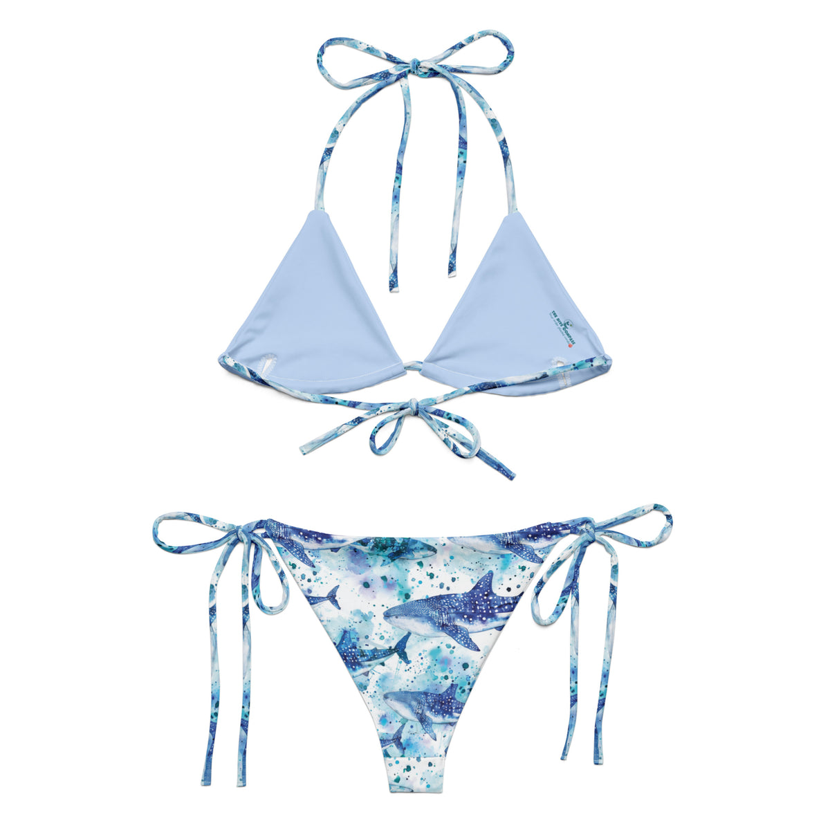 Whimsical Whale Shark String Bikini – back view – ocean swimwear with adjustable string ties and recycled polyester fabric