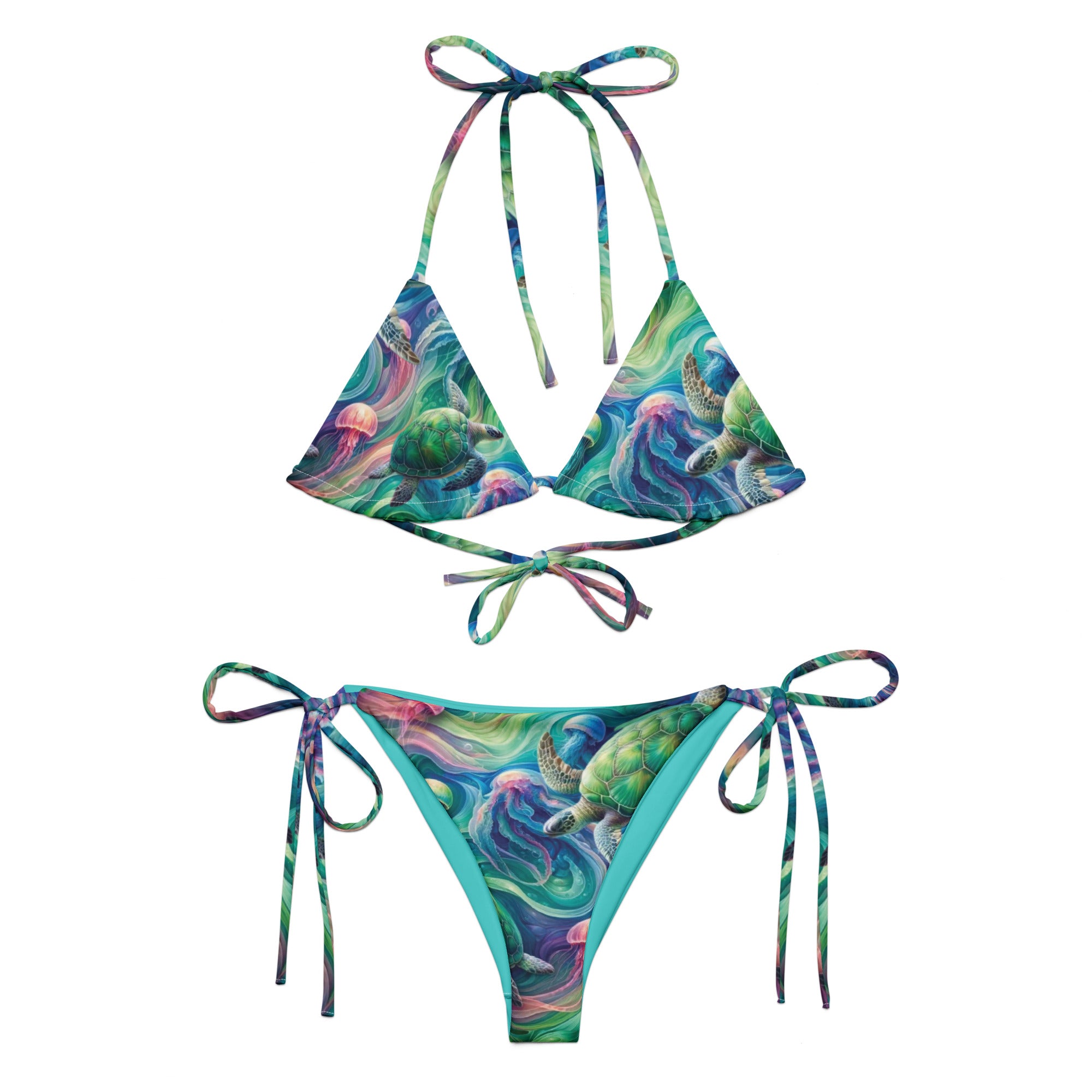 Psychedelic Turtle String Bikini – front view – recycled string bikini for divers, snorkelers, and tropical beach days