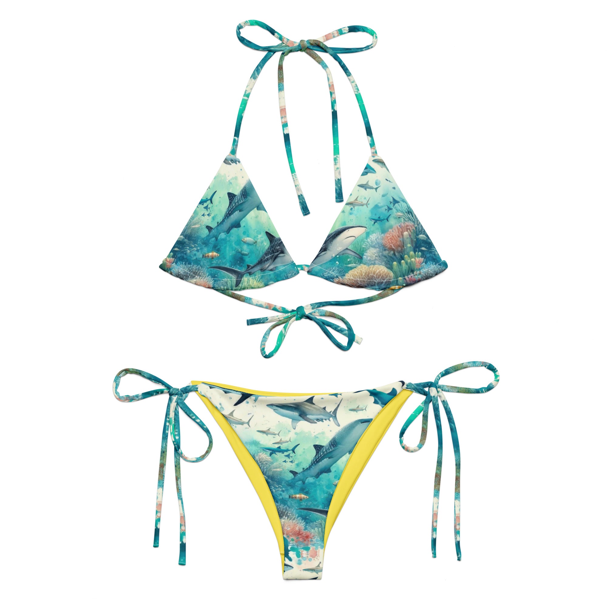 Shark Frenzy String Bikini – front view – recycled string bikini for divers, snorkelers, and tropical beach days