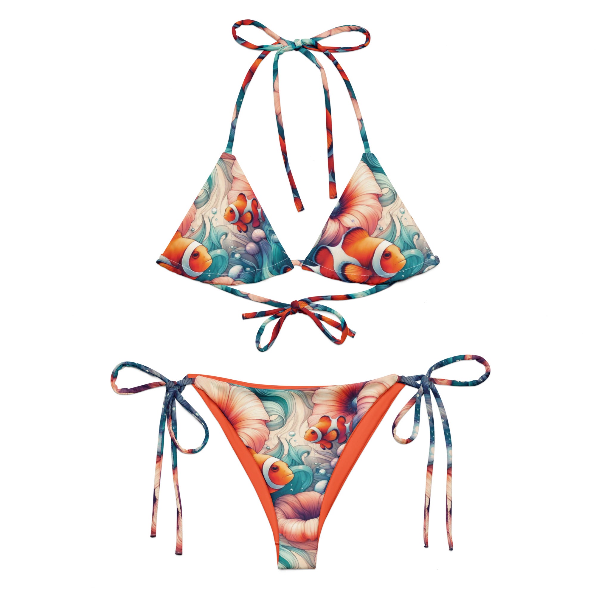 Clownfish Gardens String Bikini – front view – recycled string bikini for divers, snorkelers, and tropical beach days