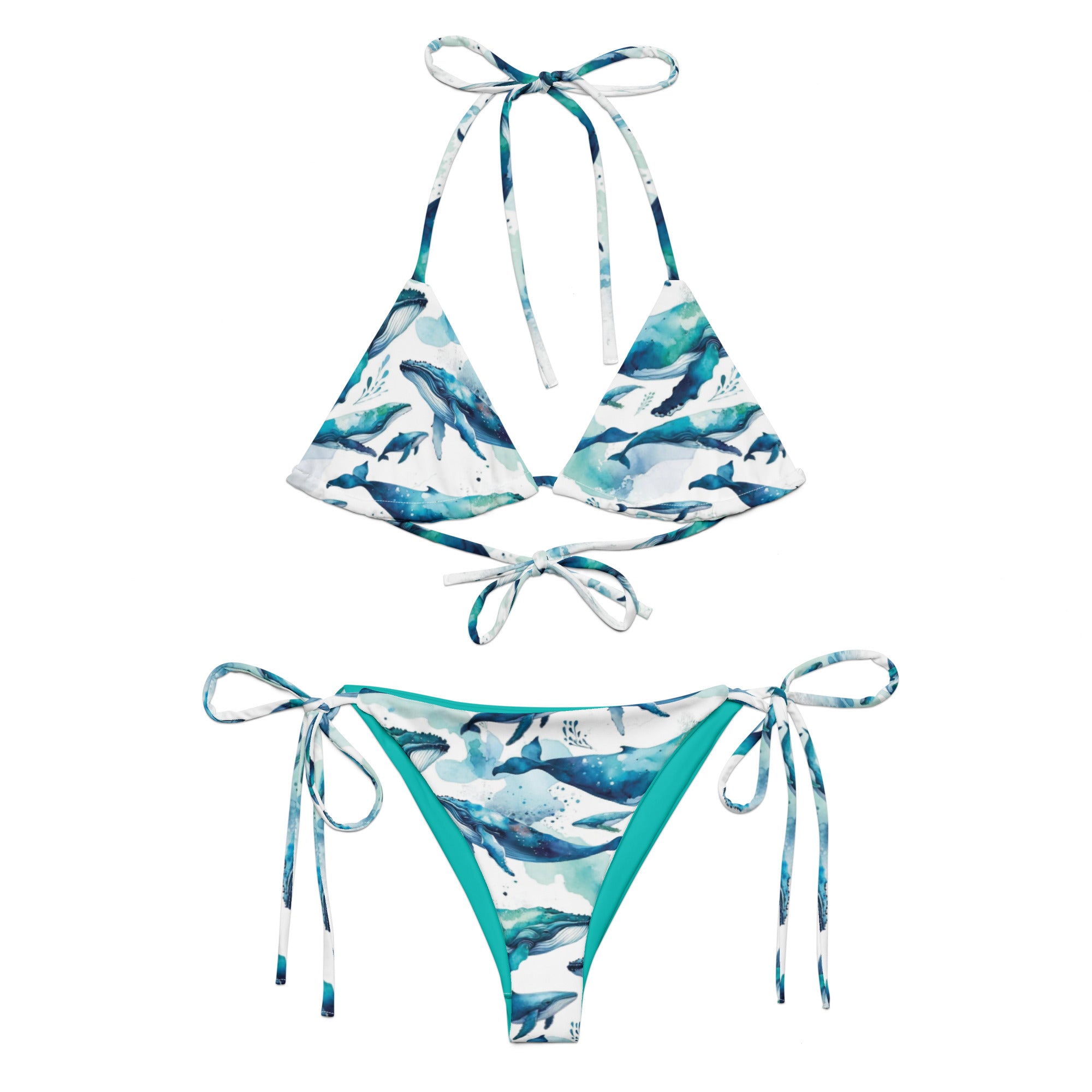 Humpback Dreams String Bikini – front view – recycled string bikini for divers, snorkelers, and tropical beach days