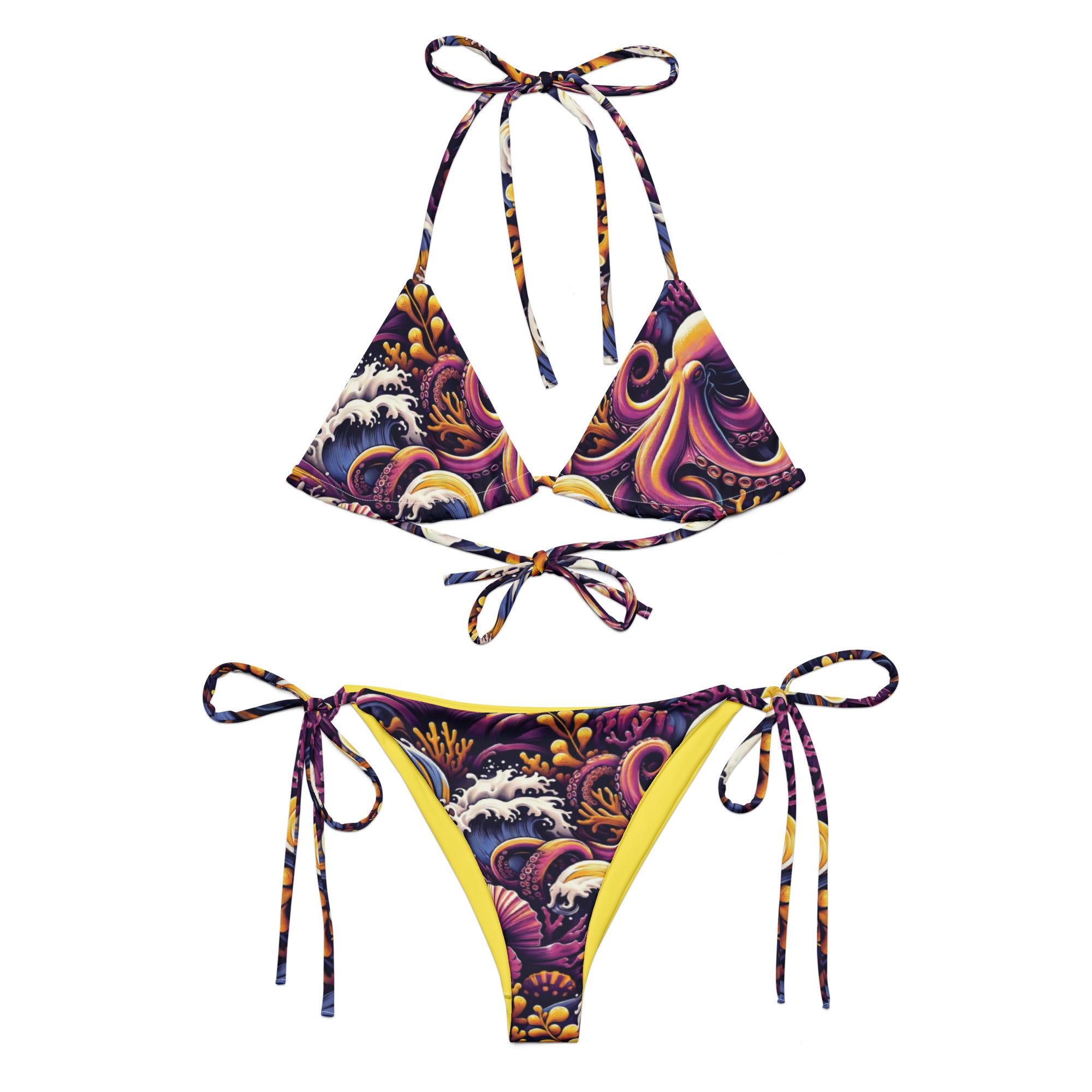 Octopus Ink String Bikini – front view – recycled string bikini for divers, snorkelers, and tropical beach days