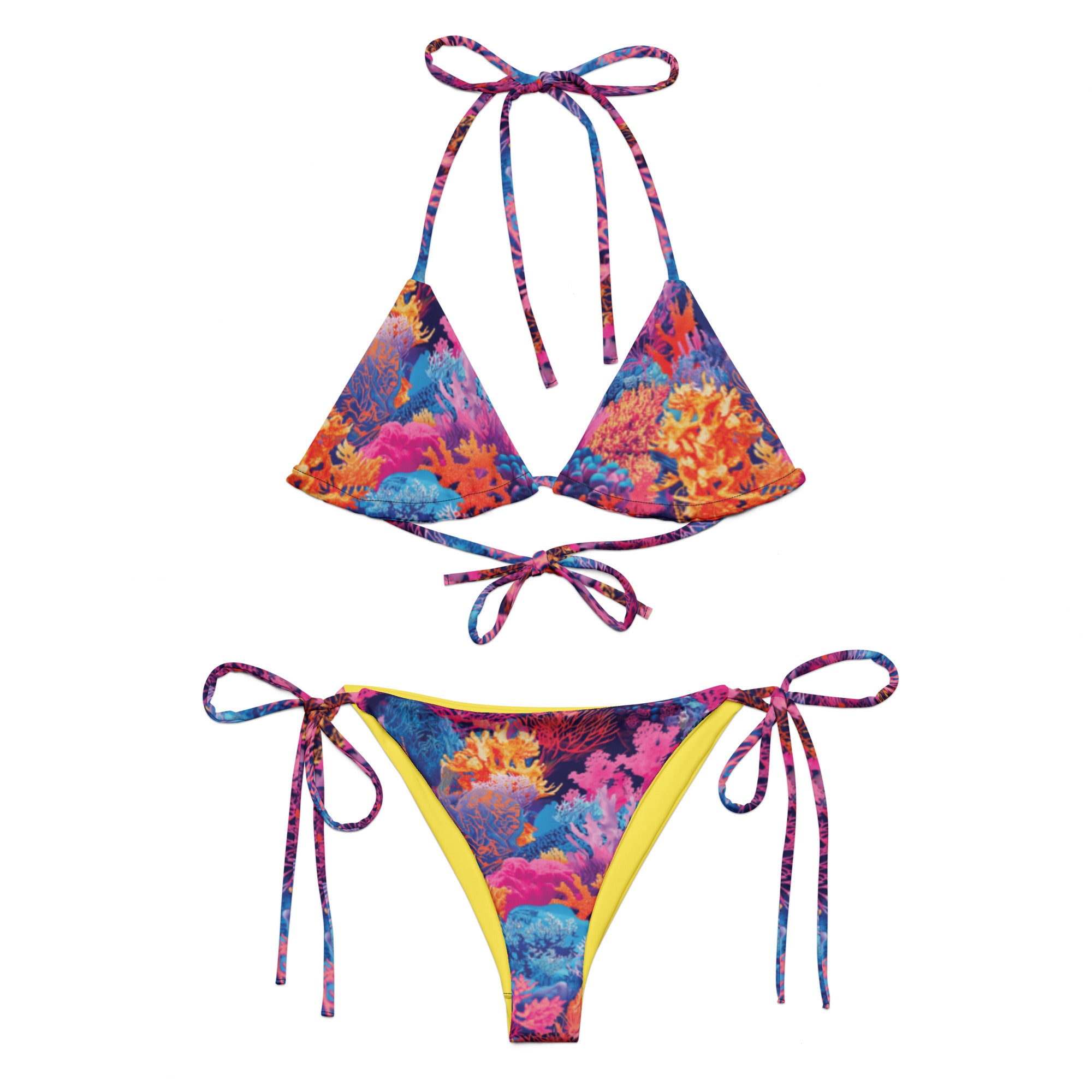 Fire Corals String Bikini – front view – recycled string bikini for divers, snorkelers, and tropical beach days