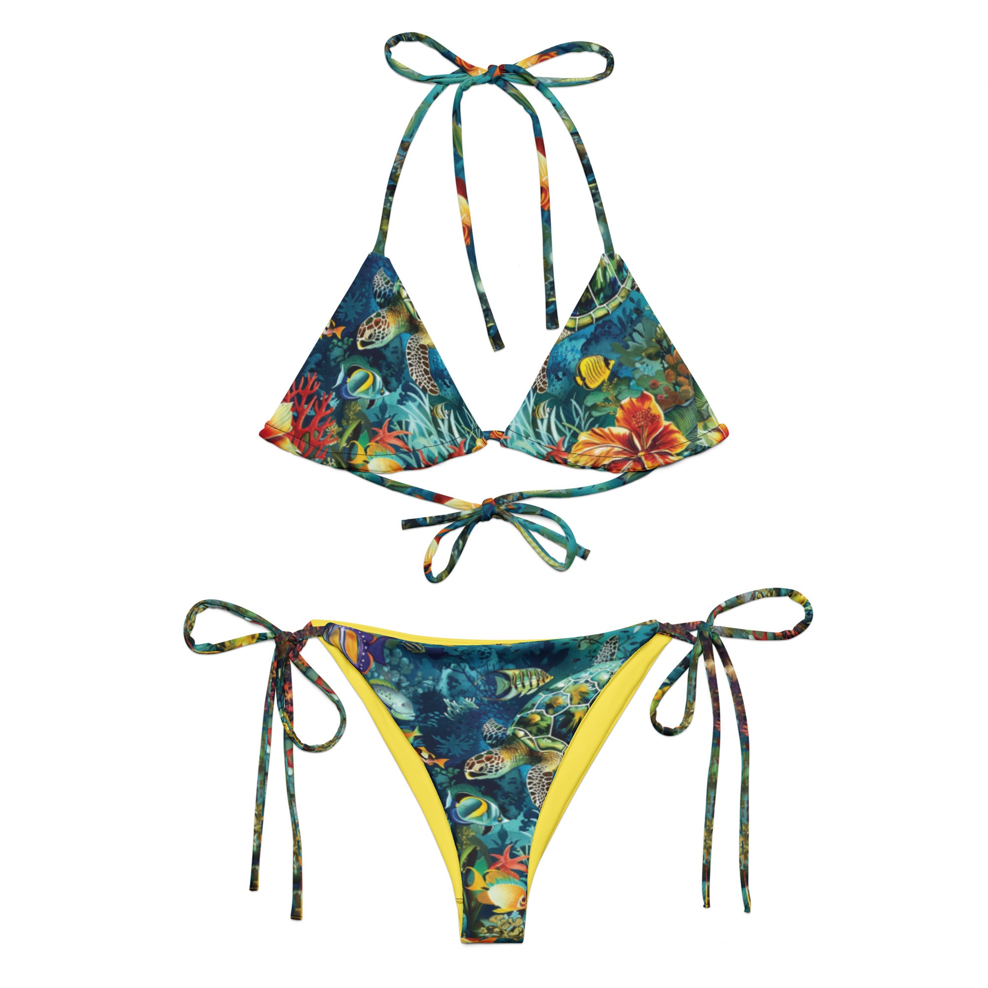 Maldives String Bikini – front view – recycled string bikini for divers, snorkelers, and tropical beach days