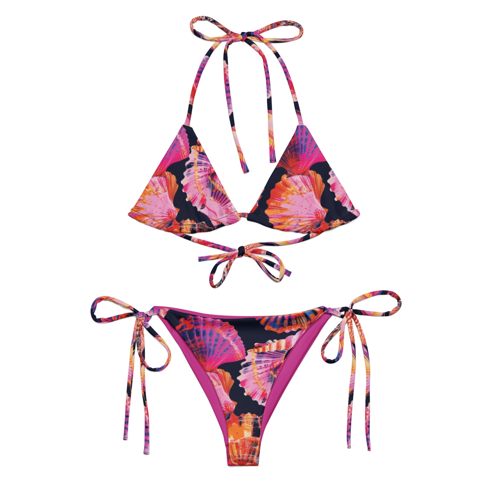Neon Shells String Bikini – front view – recycled string bikini for divers, snorkelers, and tropical beach days