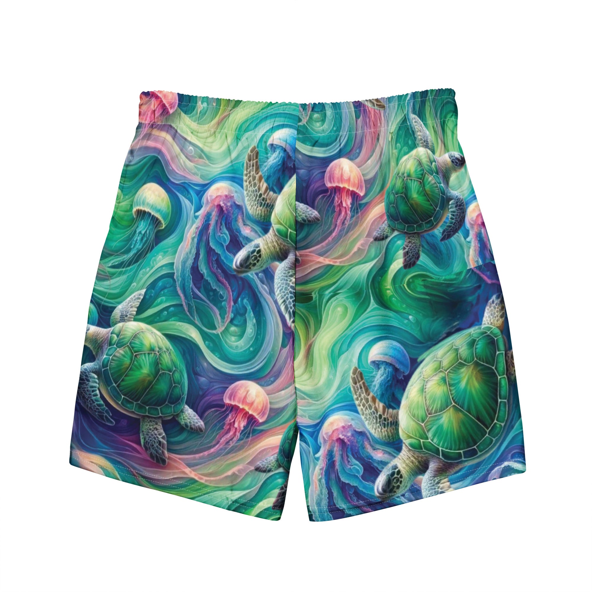 Psychedelic Turtle Swim Trunks – back view – men's recycled polyester swim trunks for scuba and snorkeling