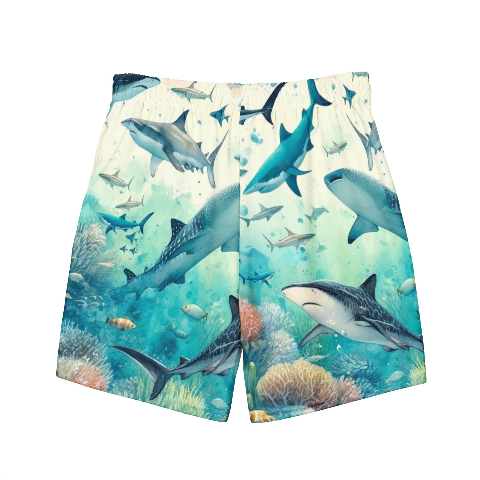 Shark Frenzy Swim Trunks – back view – men's recycled polyester swim trunks for scuba and snorkeling