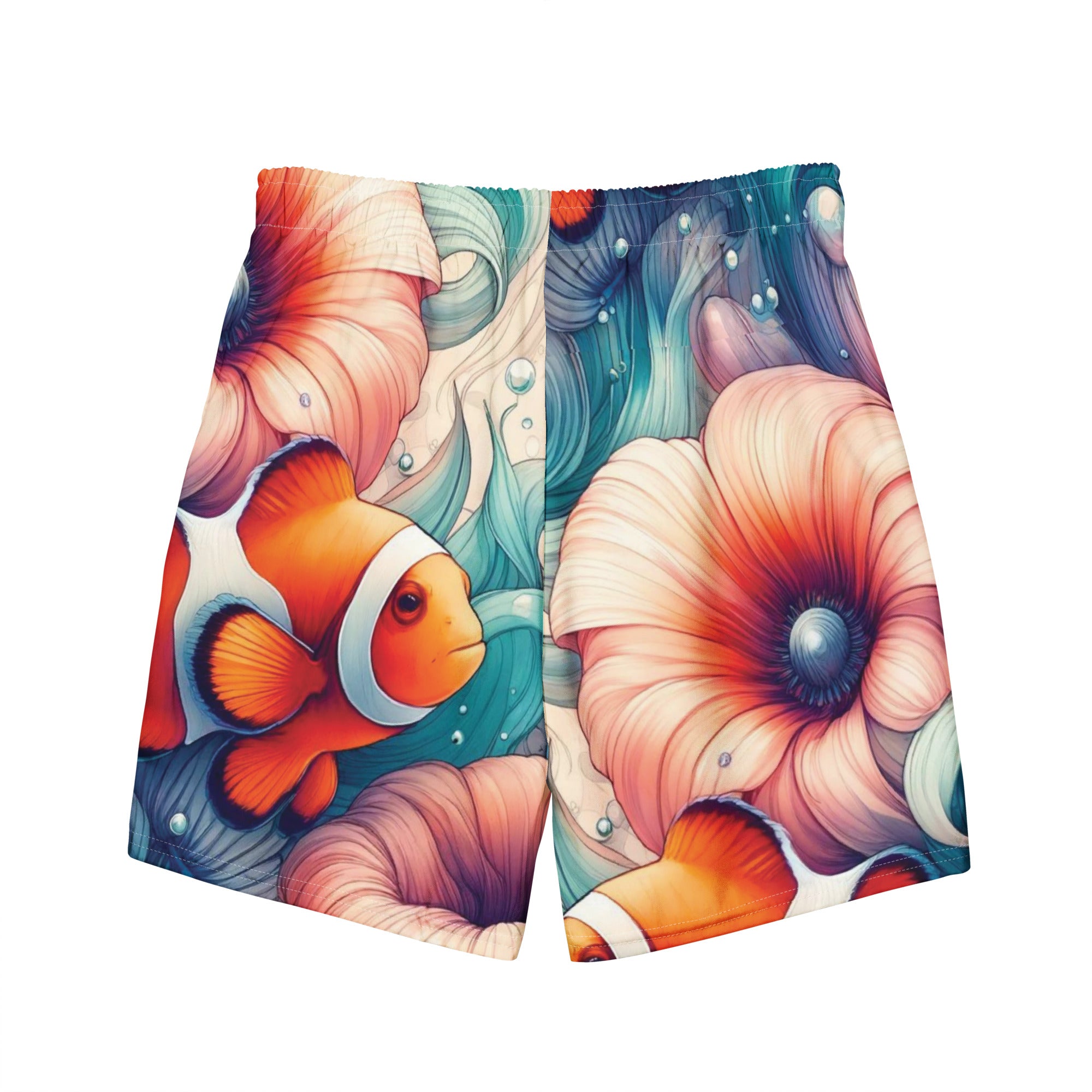 Clownfish Gardens Swim Trunks – back view – men's recycled polyester swim trunks for scuba and snorkeling
