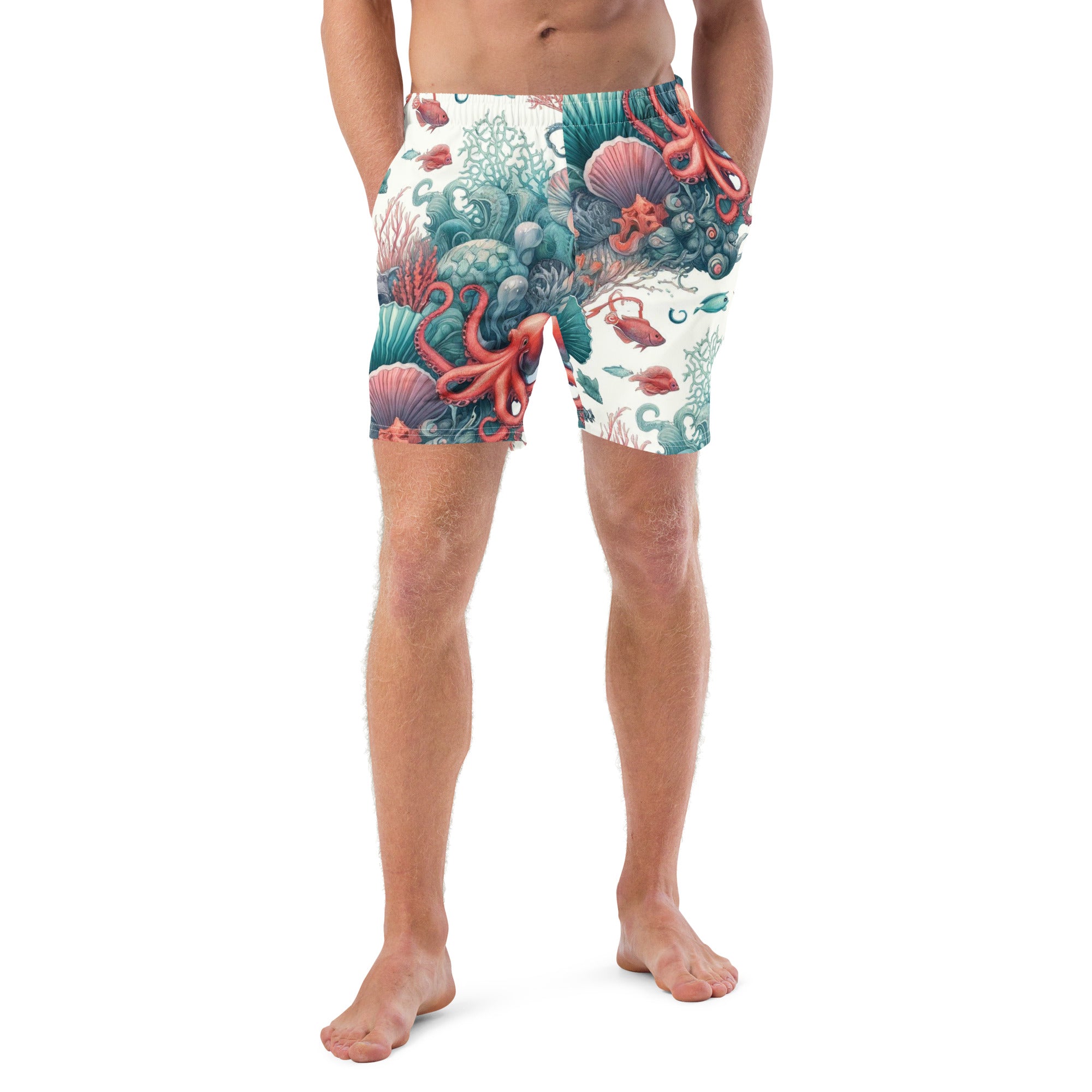 Octopus Reef Swim Trunks – front view – men's swim trunks made from recycled ocean plastics for warm water