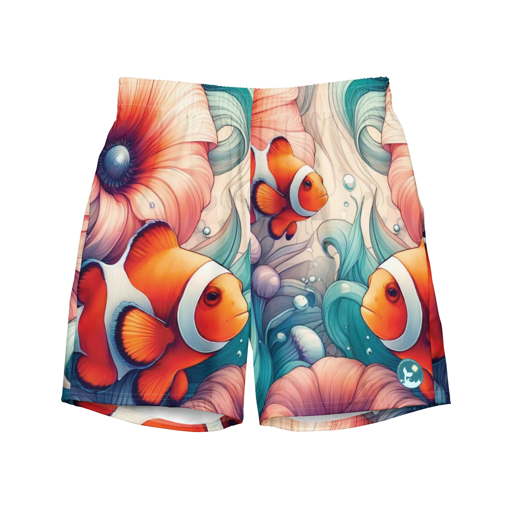 Clownfish Gardens Swim Trunks – front view – recycled men's swim trunks for divers, snorkelers, and beach days