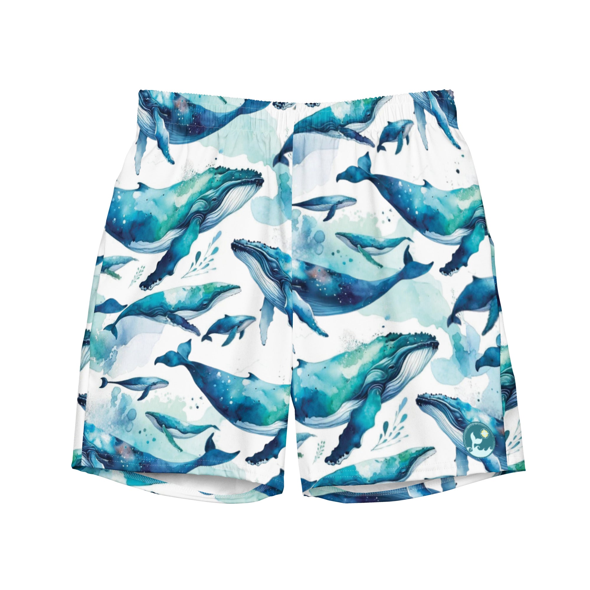 Humpback Dreams Swim Trunks – front view – recycled men's swim trunks for divers, snorkelers, and beach days