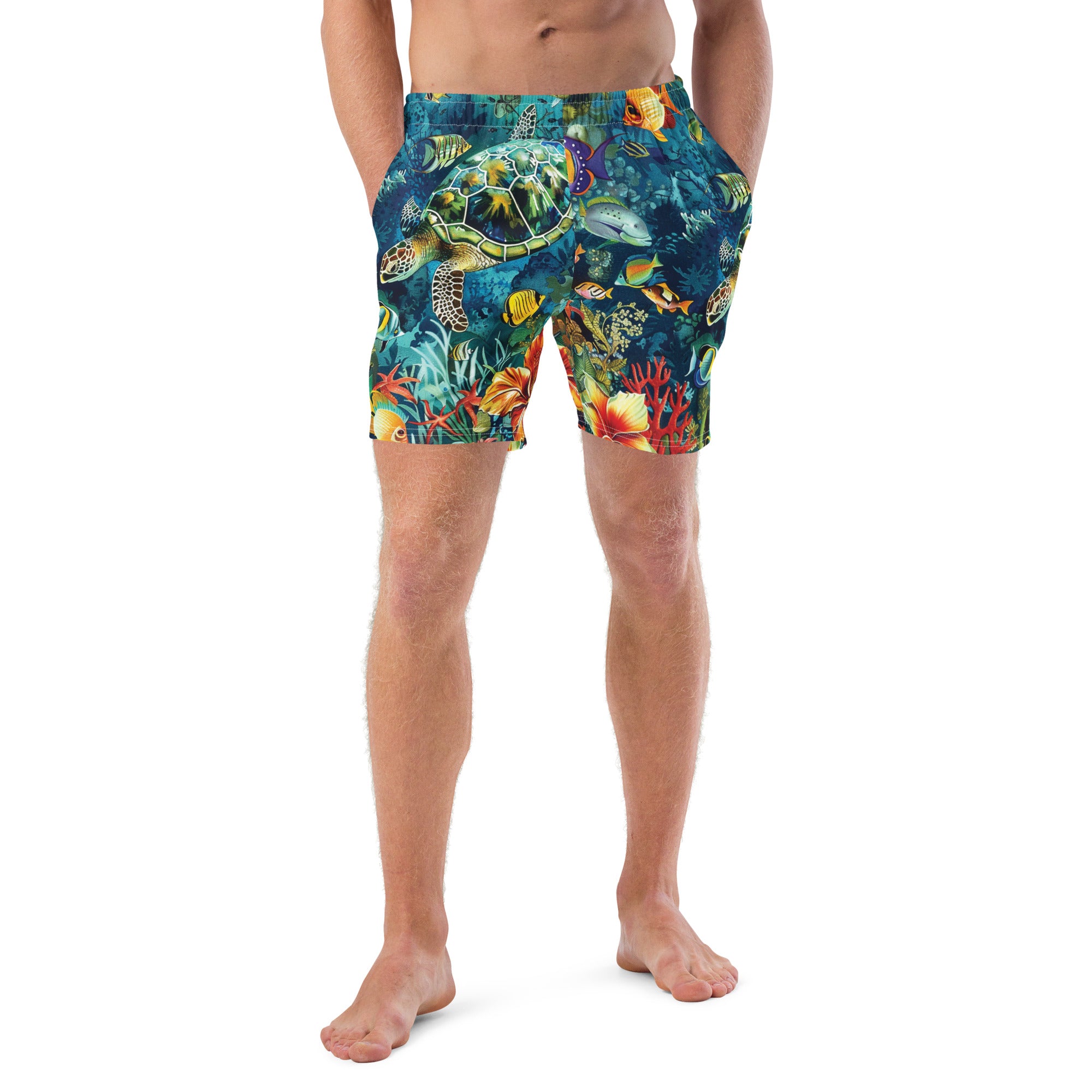 Maldives Swim Trunks – front view – sustainable swim trunks in soft recycled polyester for ocean lovers