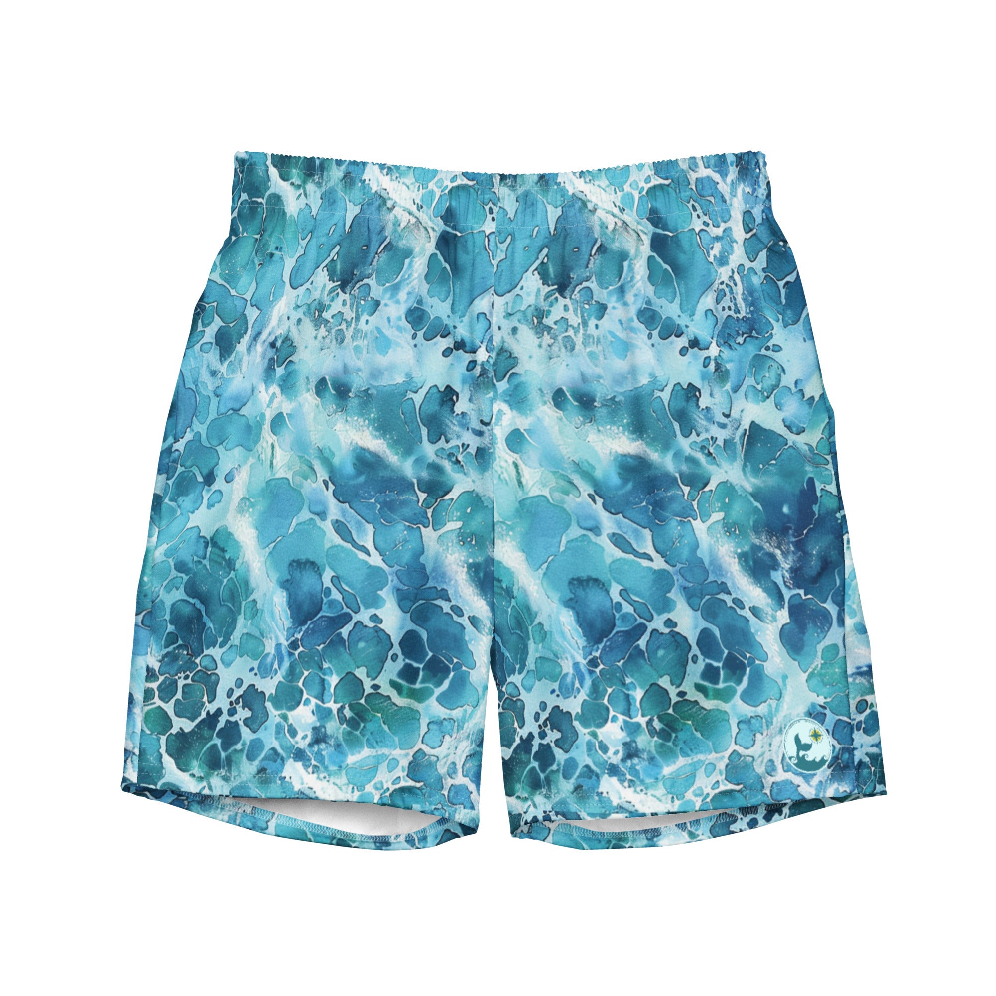 Ocean Serenity Swim Trunks – front view – recycled men's swim trunks for divers, snorkelers, and beach days