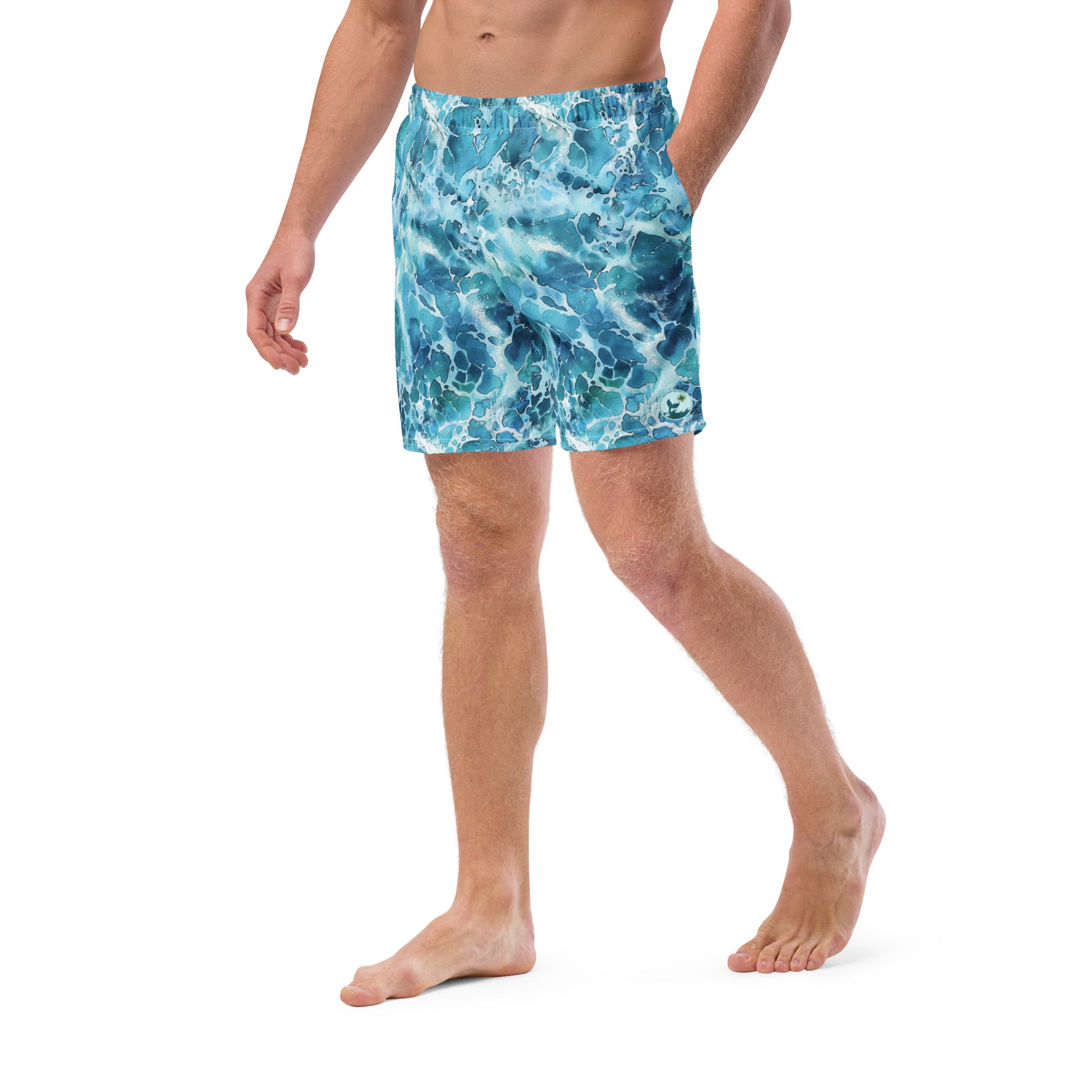Ocean Serenity Swim Trunks – left front view – scuba trunks for warm water diving, snorkeling, and reef adventures