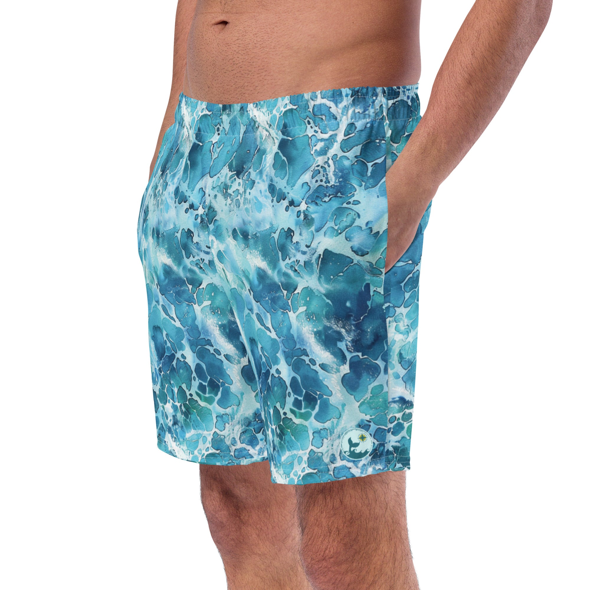 Ocean Serenity Swim Trunks – left front view – sustainable swim trunks in soft recycled polyester for ocean lovers