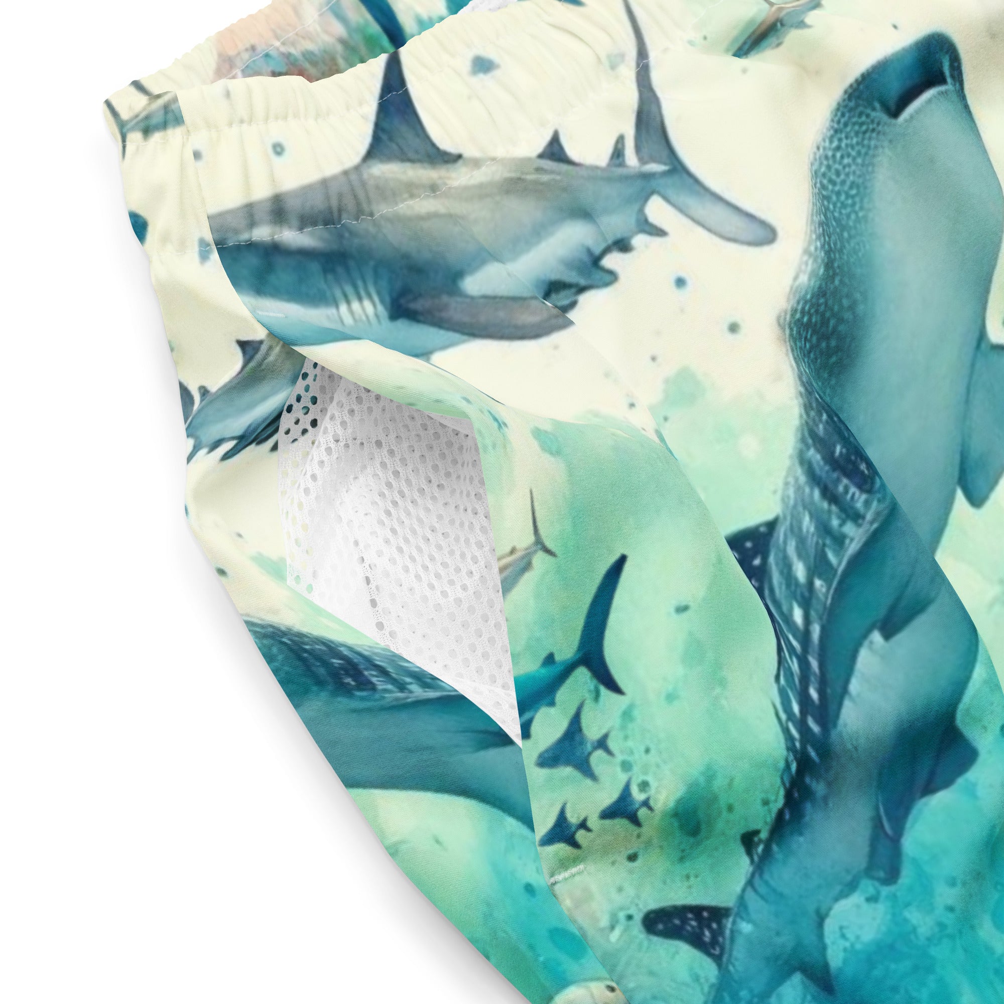 Shark Frenzy Swim Trunks – product details – scuba trunks for warm water diving, snorkeling, and reef adventures