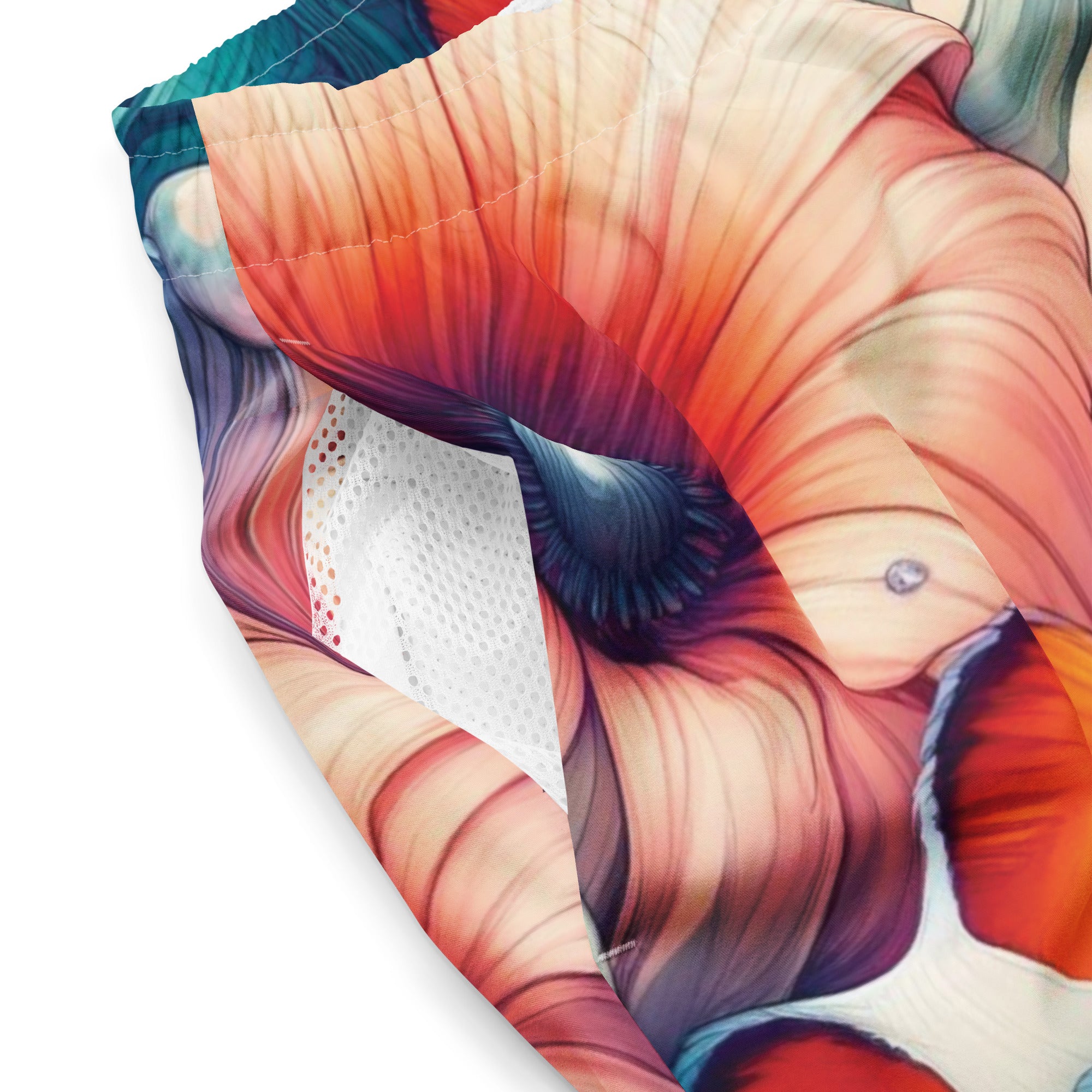 Clownfish Gardens Swim Trunks – product details – men's swim trunks made from recycled ocean plastics for warm water