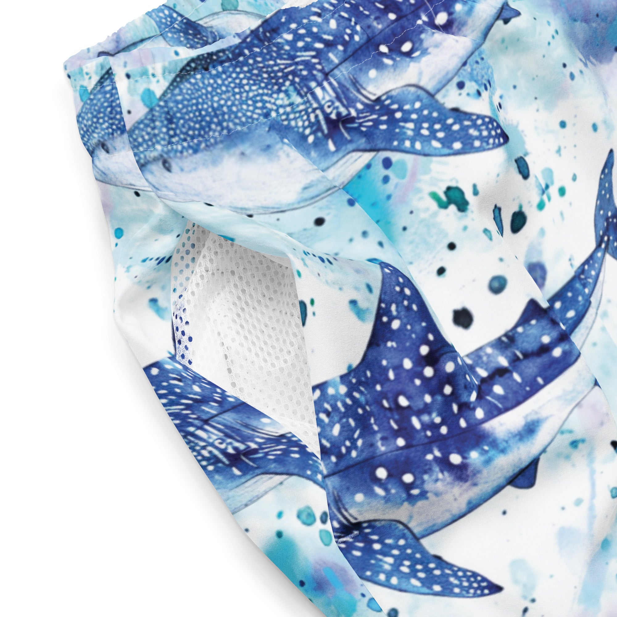 Whimsical Whale Shark Swim Trunks – product details – recycled swim trunks designed for divers and tropical ocean travel