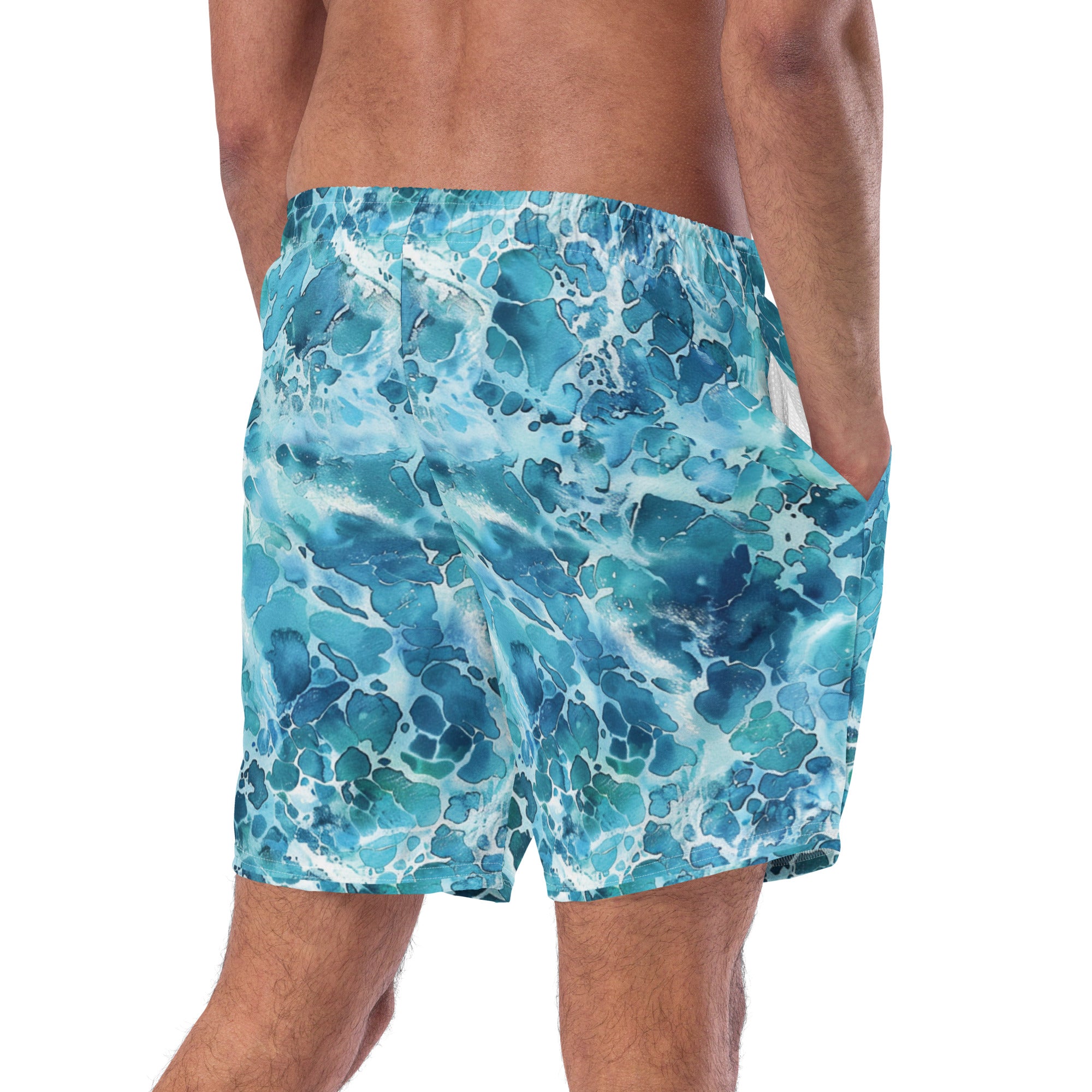 Ocean Serenity Swim Trunks – back view – men's swim trunks made from recycled ocean plastics for warm water