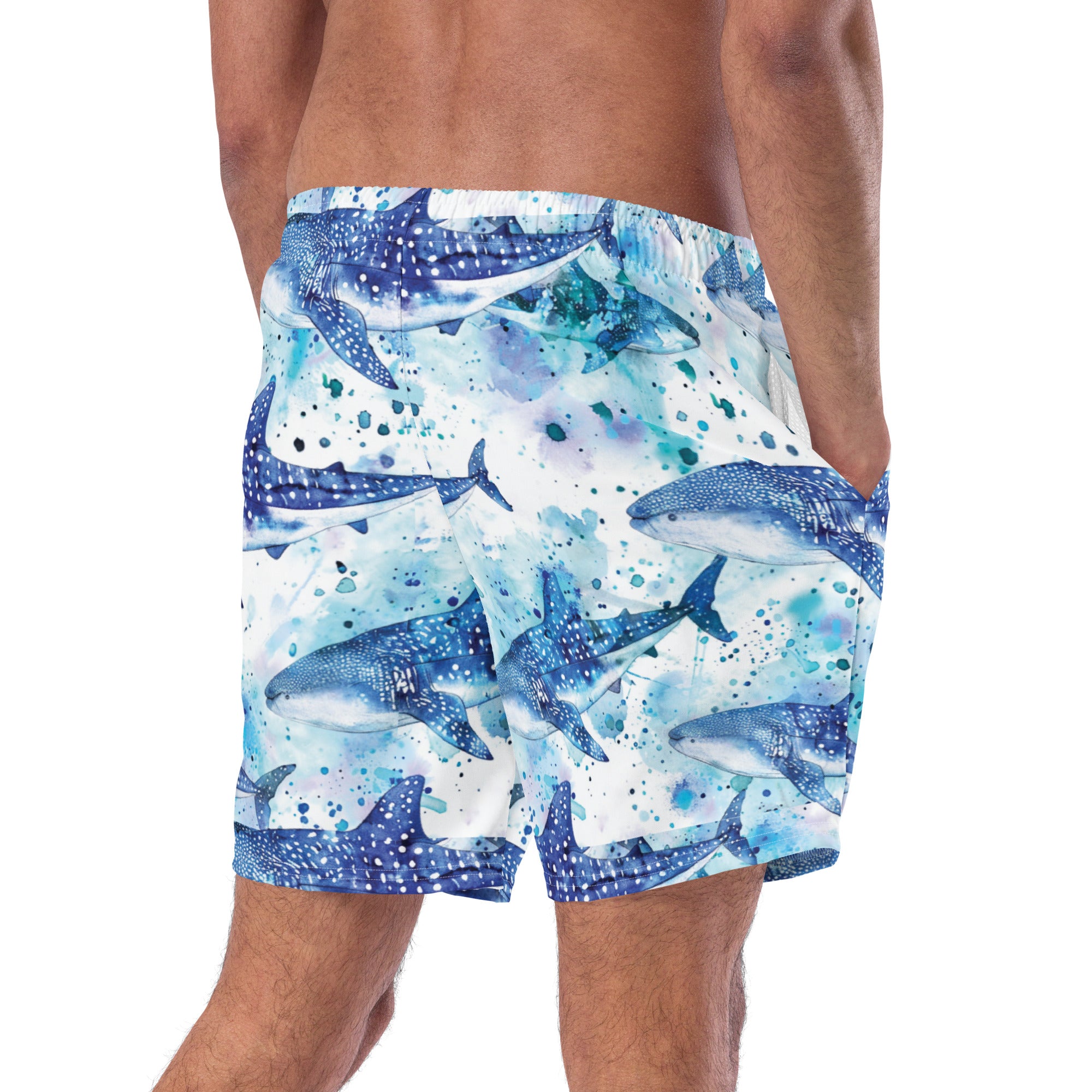 Whimsical Whale Shark Swim Trunks – back view – men's swim trunks made from recycled ocean plastics for warm water