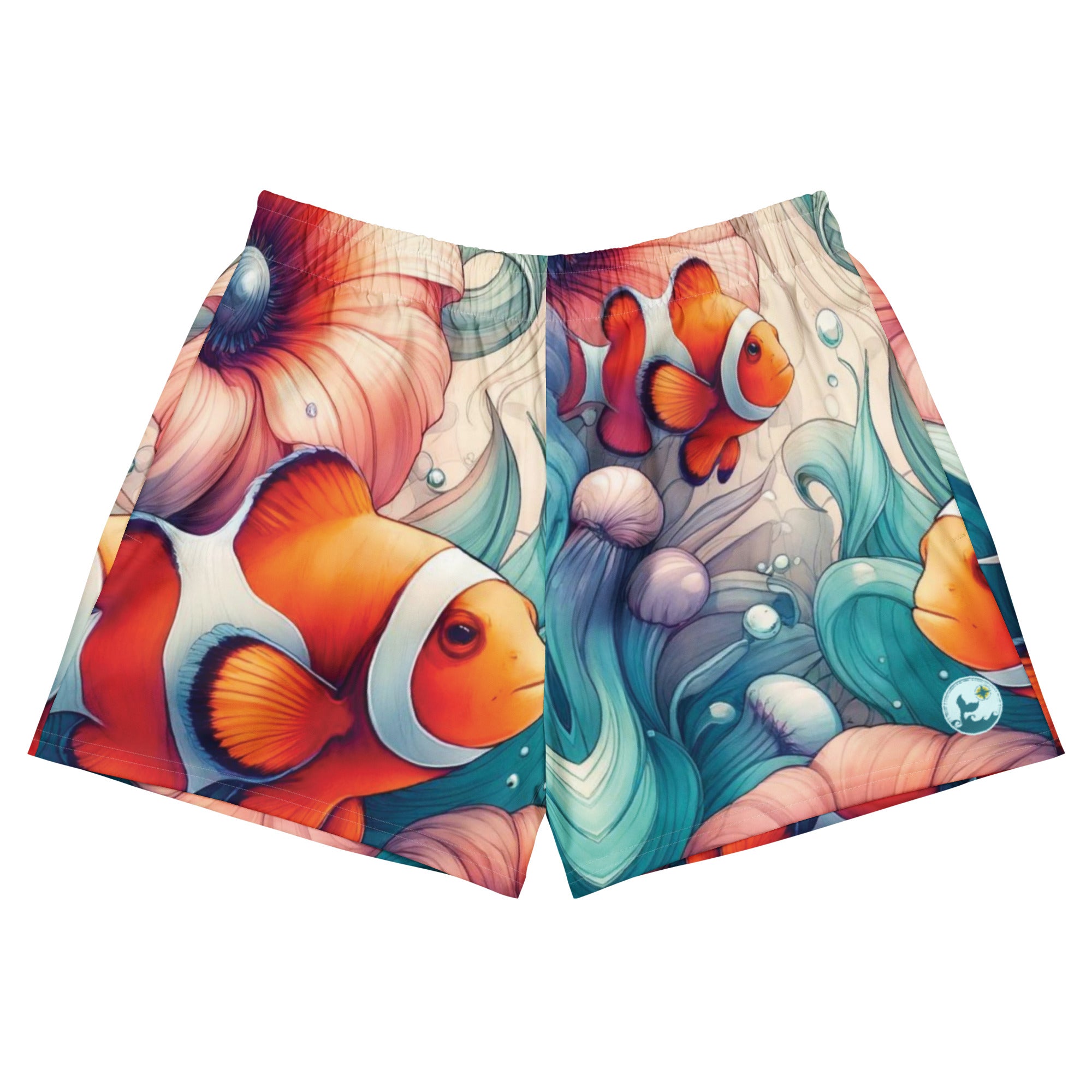 Clownfish Gardens Breezy Swim Shorts – front view – breezy swim shorts for ocean days, post-dive lounging, and beach travel
