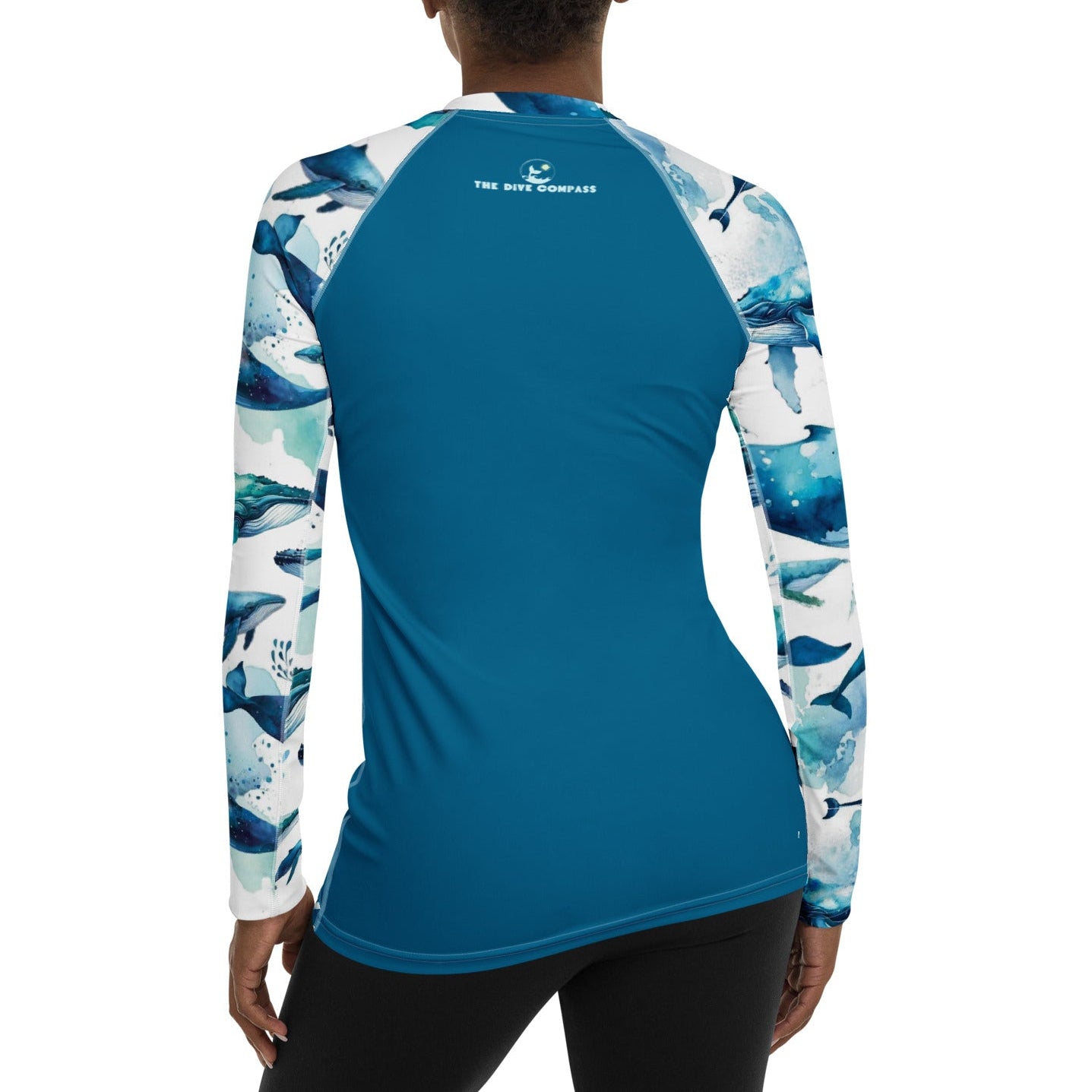 Humpback Dreams Women's Rash Guard – back view – recycled women's rash guard for scuba diving and warm water snorkeling