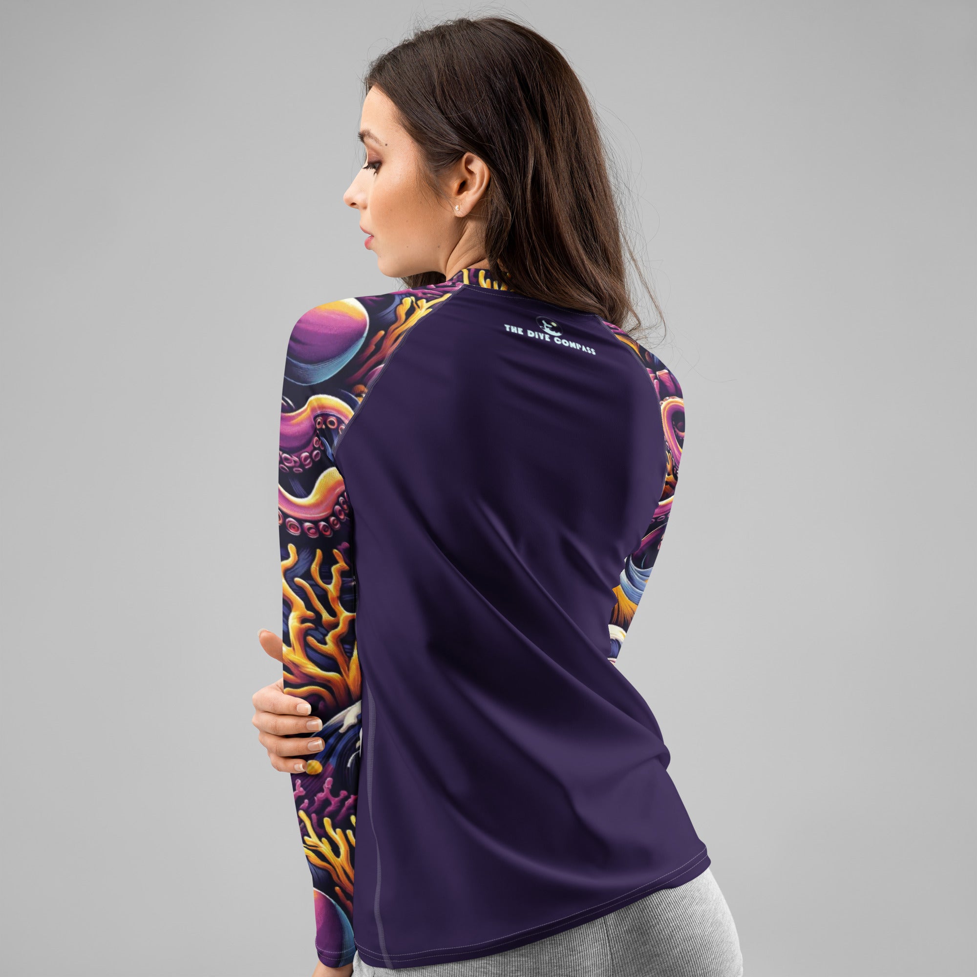 Octopus Ink Women's Rash Guard – back view – women's rashie that fits under a wetsuit for tropical reef diving
