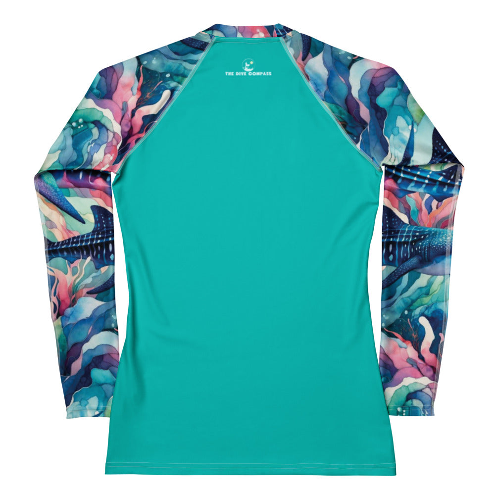 Electric Whale Shark Women's Rash Guard – back view – women's rash guard for snorkeling, freediving, and reef adventures