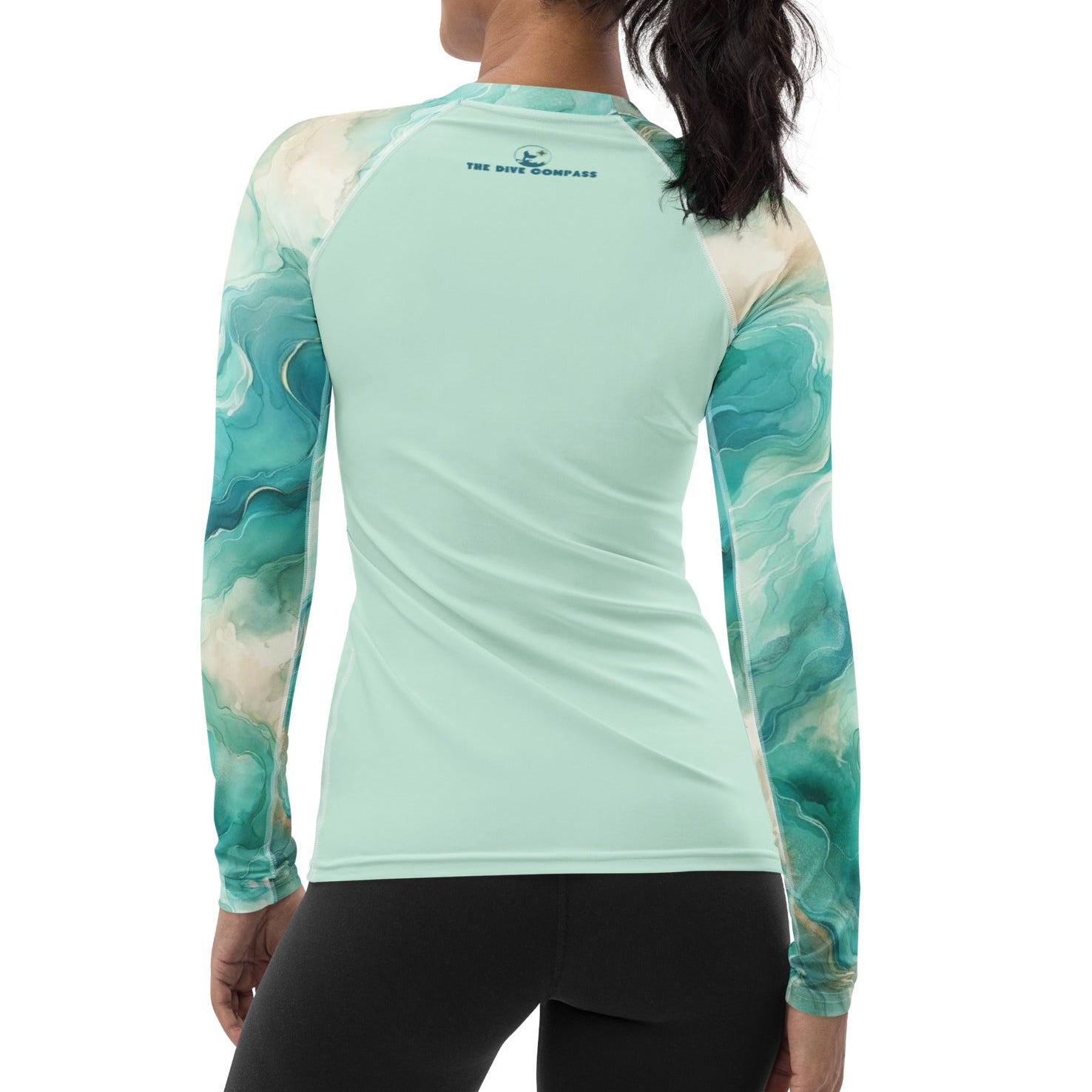 Turquoise Seas Women's Rash Guard – back view – recycled women's rash guard for scuba diving and warm water snorkeling