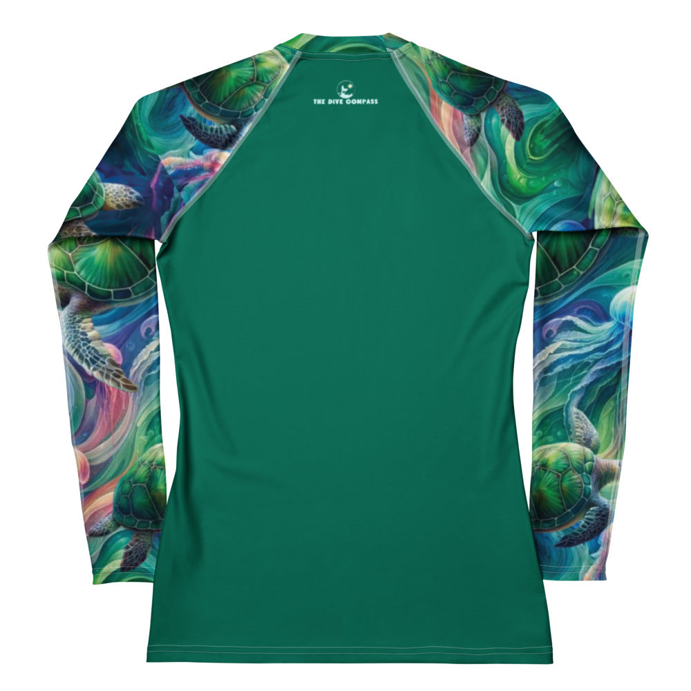 Psychedelic Turtle Women's Rash Guard – back view – long sleeve scuba diving rash guard for women in warm tropical waters