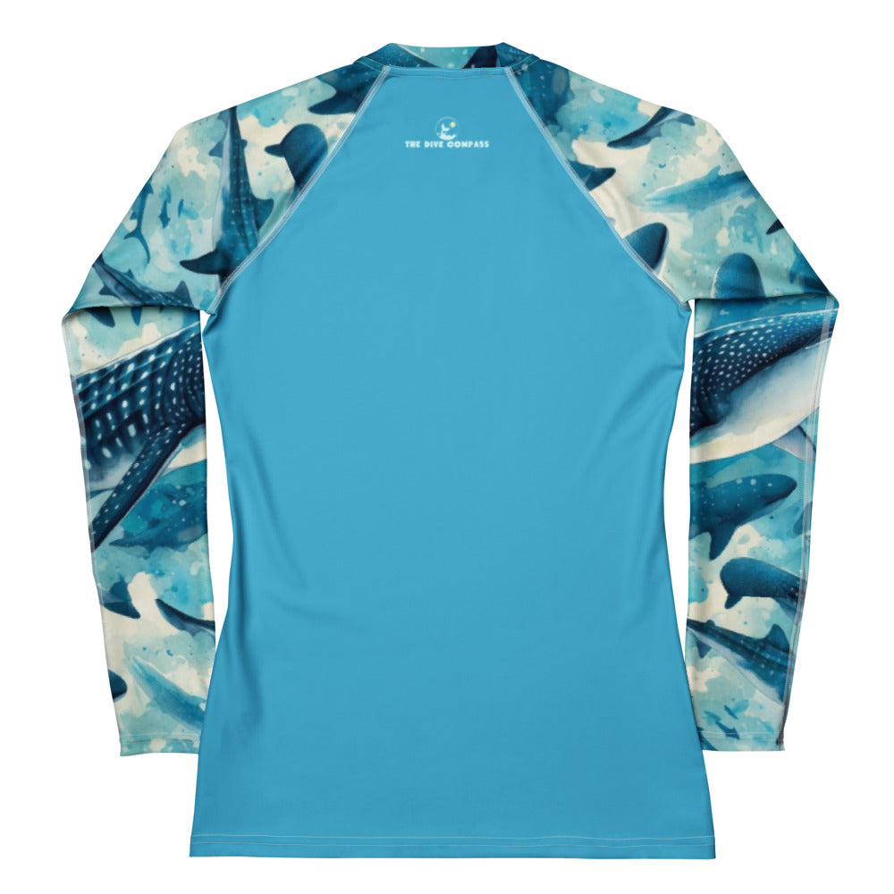Whale Shark Blues Women's Rash Guard – back view – long sleeve scuba diving rash guard for women in warm tropical waters