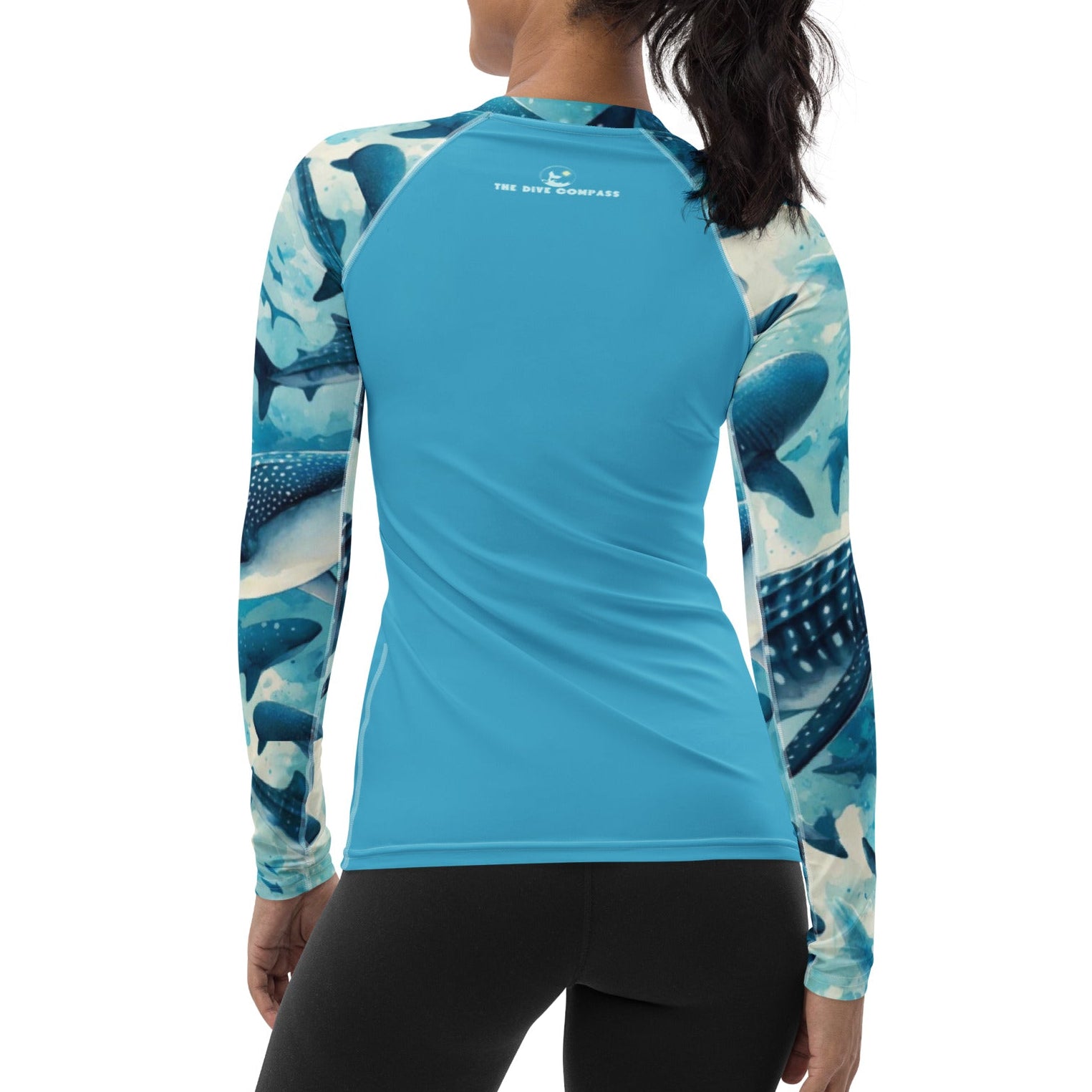 Whale Shark Blues Women's Rash Guard – back view – recycled women's rash guard for scuba diving and warm water snorkeling