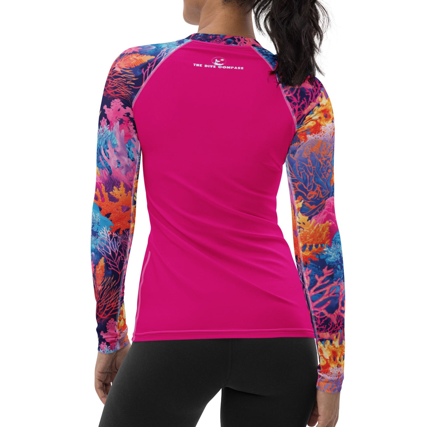 Fire Corals Women's Rash Guard – back view – recycled women's rash guard for scuba diving and warm water snorkeling