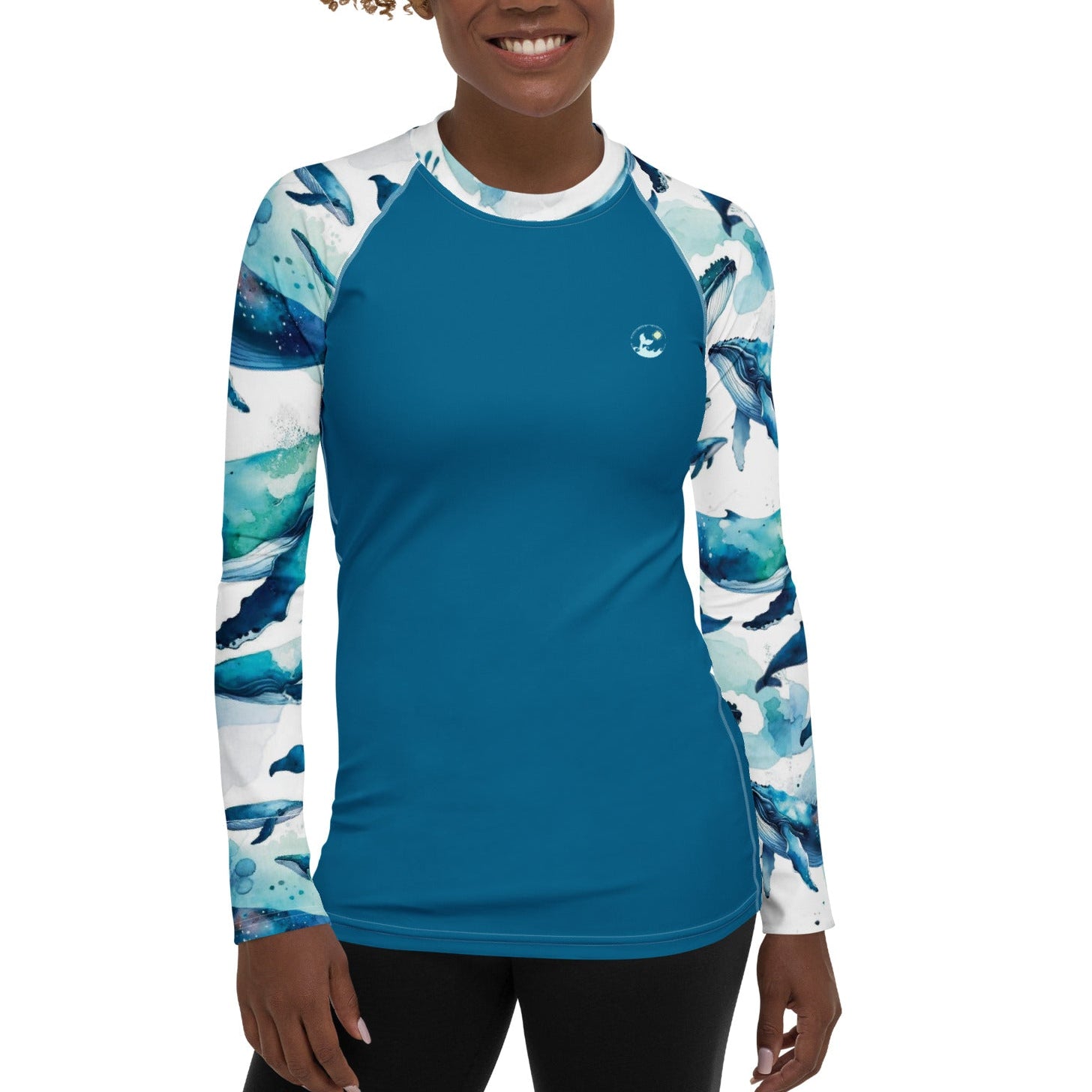 Humpback Dreams Women's Rash Guard – front view – women's rash guard with UPF 50+ sun protection for scuba diving
