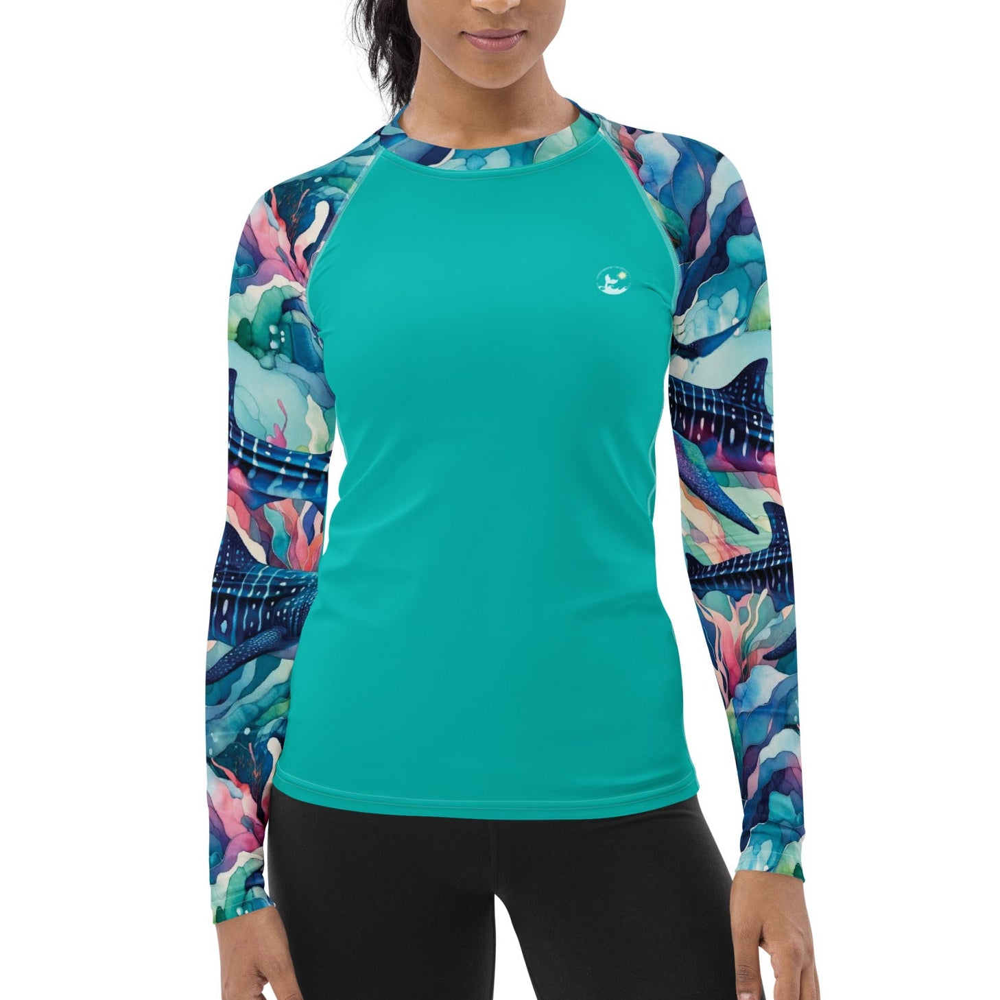 Electric Whale Shark Women's Rash Guard – front view – women's rash guard with UPF 50+ sun protection for scuba diving