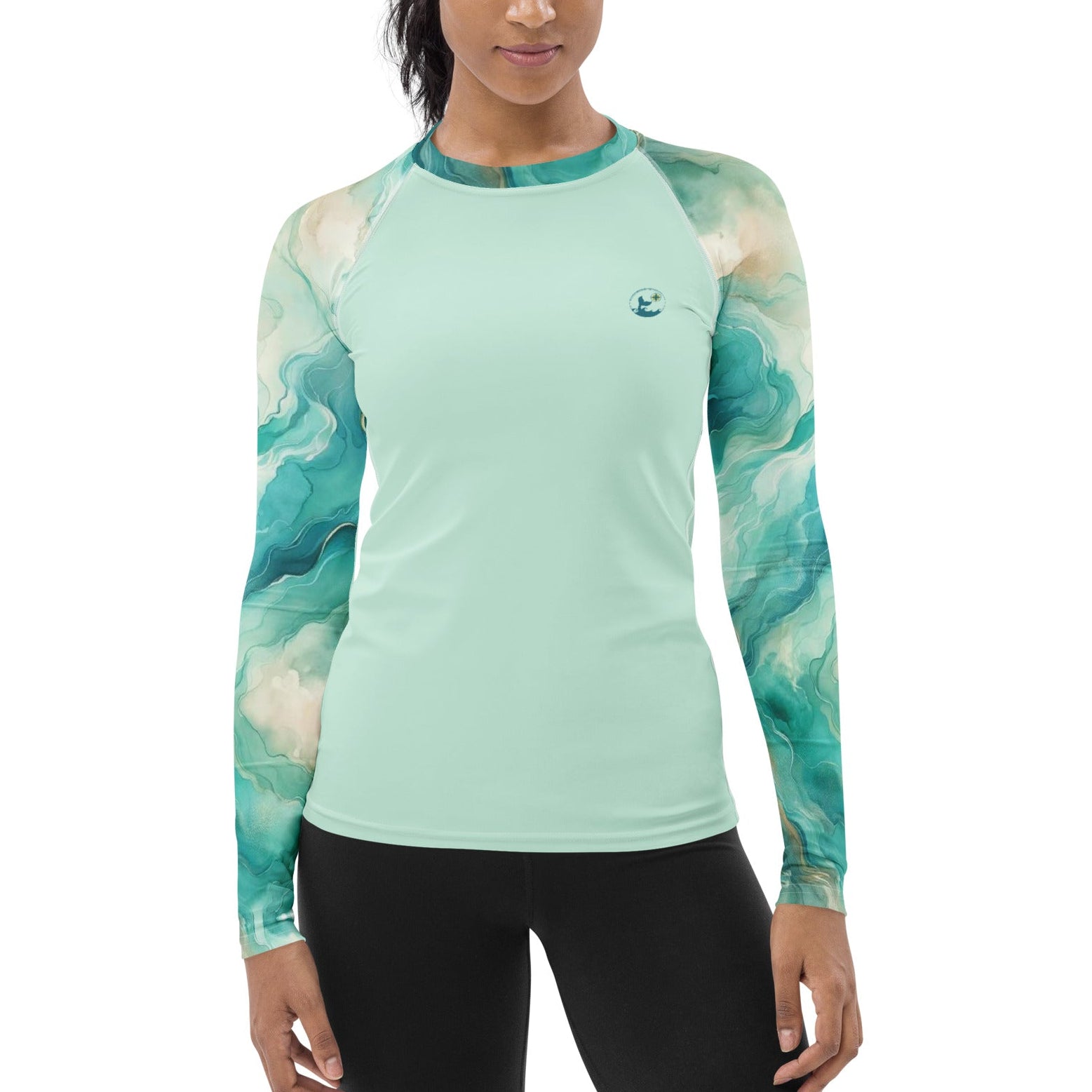 Turquoise Seas Women's Rash Guard – front view – women's rash guard with UPF 50+ sun protection for scuba diving