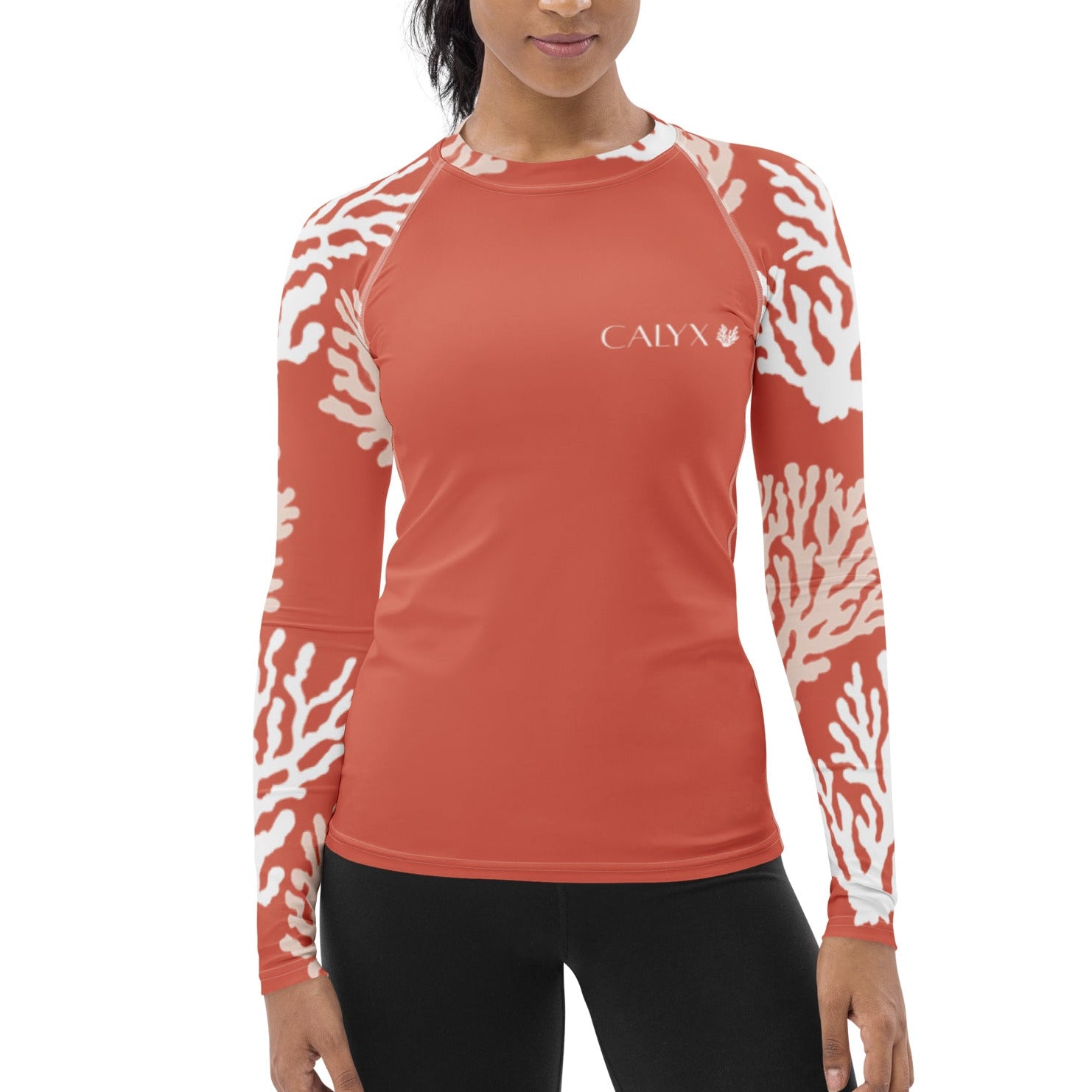 CALYX Roots Women's Rash Guard – front view – women's rash guard with UPF 50+ sun protection for scuba diving