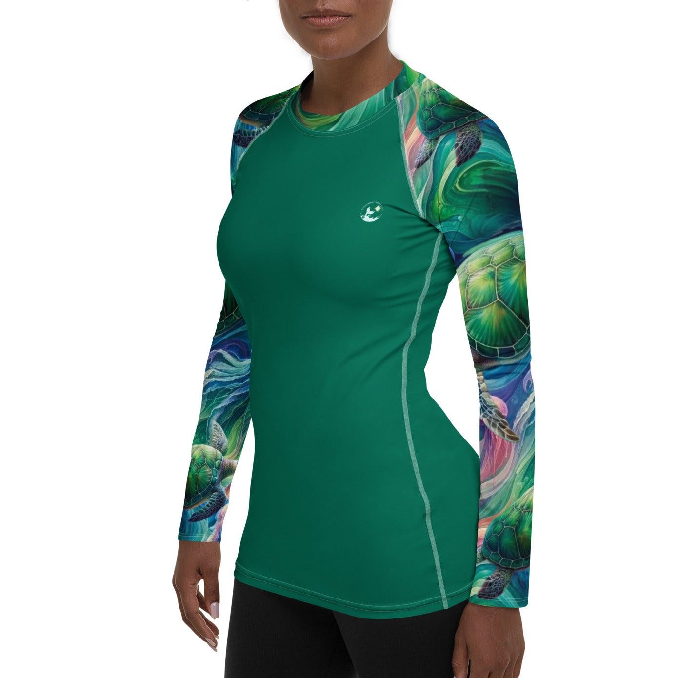 Psychedelic Turtle Women's Rash Guard – left side view – women's rash guard with UPF 50+ sun protection for scuba diving