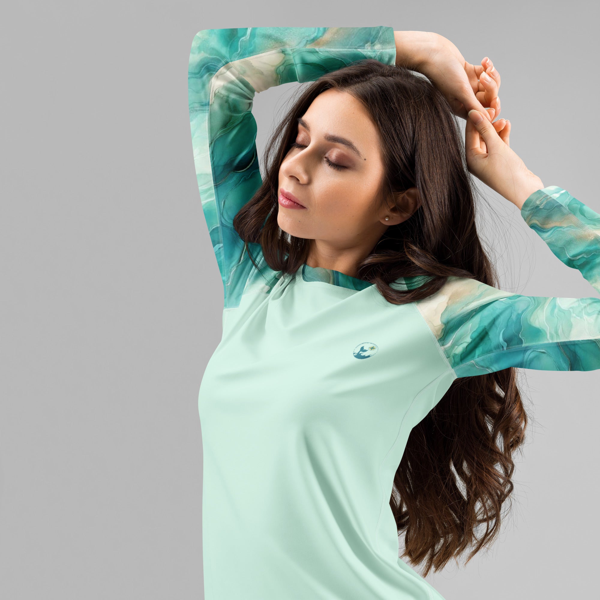 Turquoise Seas Women's Rash Guard – left front view – women's rashie that fits under a wetsuit for tropical reef diving